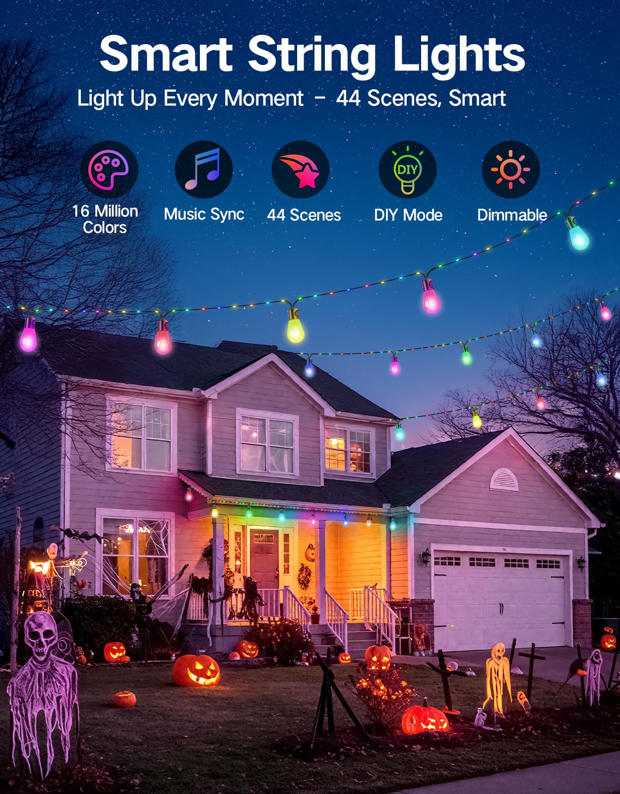 OUTON Outdoor String Lights, 46FT Smart AI RGB Patio Lights with Individual Bulb Control, APP Remote Voice Control, Works with Alexa and Google Assistant, IP65 Waterproof, Dimmable for Backyard Party