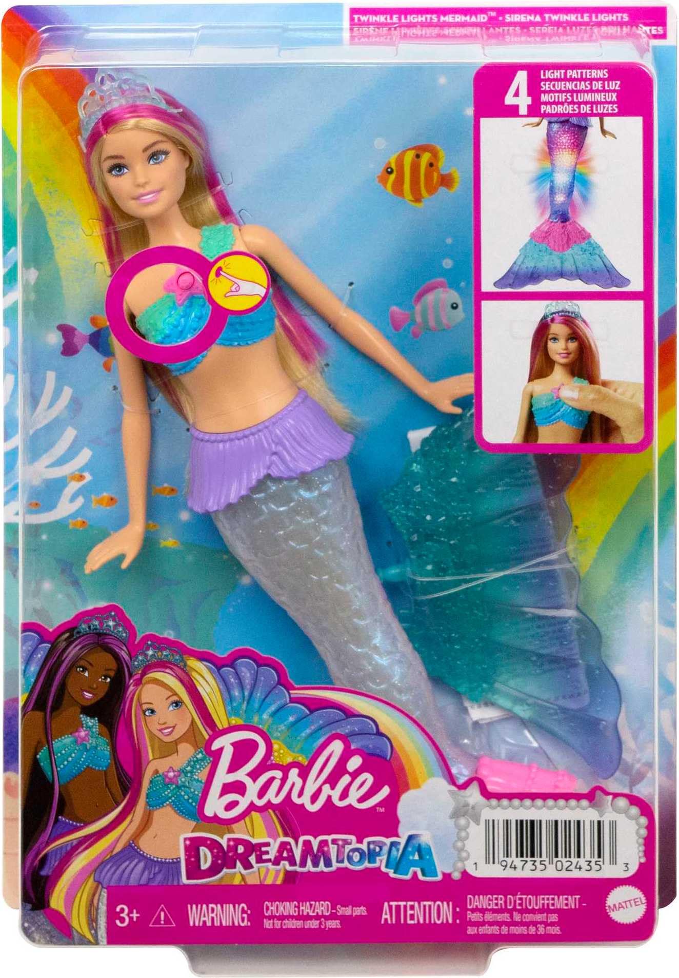 Barbie Mermaid Doll with Water-Activated Twinkle Light-Up Tail, Barbie Dreamtopia Mermaid Toys, Pink-Streaked Hair