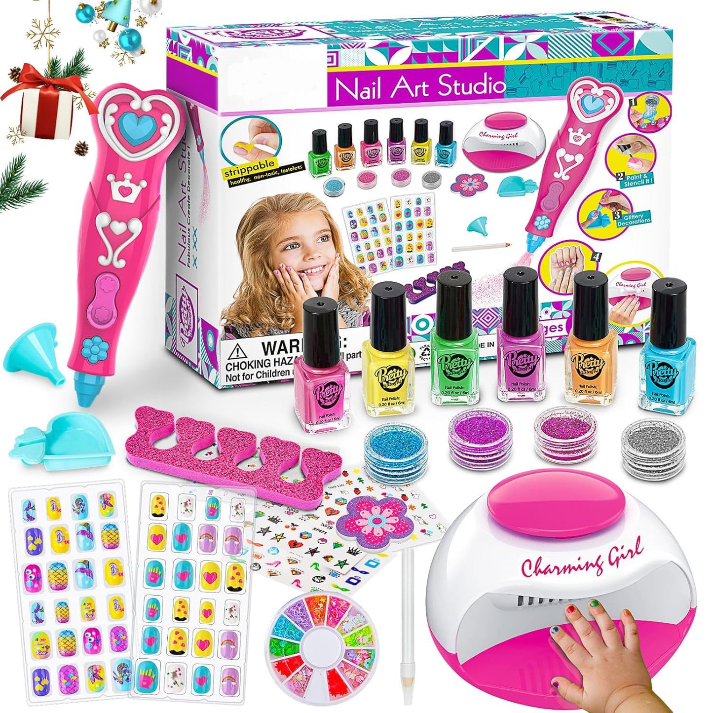 Kids Nail Polish Set for Girls, Nail Art Kits with Nail Dryer & Glitter Pen, Quick Dry & Peel Off & Non-Toxic Nail Polish, Christmas Birthday Gifts for Girls Ages 6 7 8 9 10 11 12