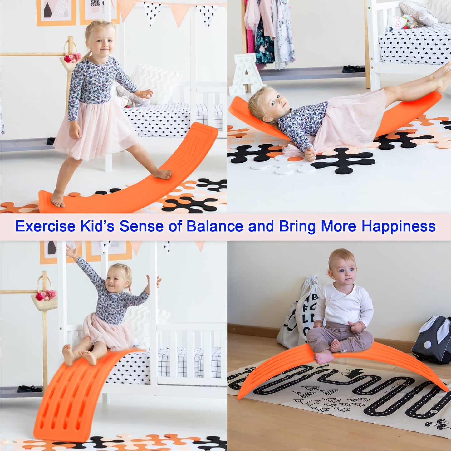 Balance Board Kids - 90x29 cm - Montessori Vestibular Waldorf Rocker Plastic Non Slip Board - Kid Yoga Curvy for Toddlers Kids Boys Girls and Adults - Indoor Outdoor Balancing, Max Load 91 kg