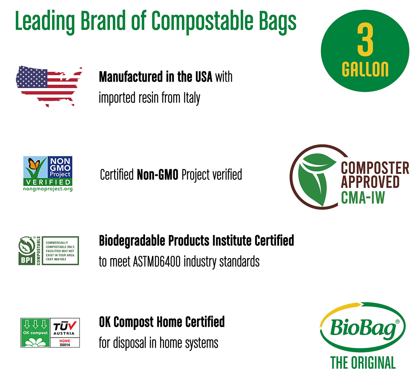 BioBag Premium Compostable Food Scrap Bags, 3 Gallon, 100 Count
