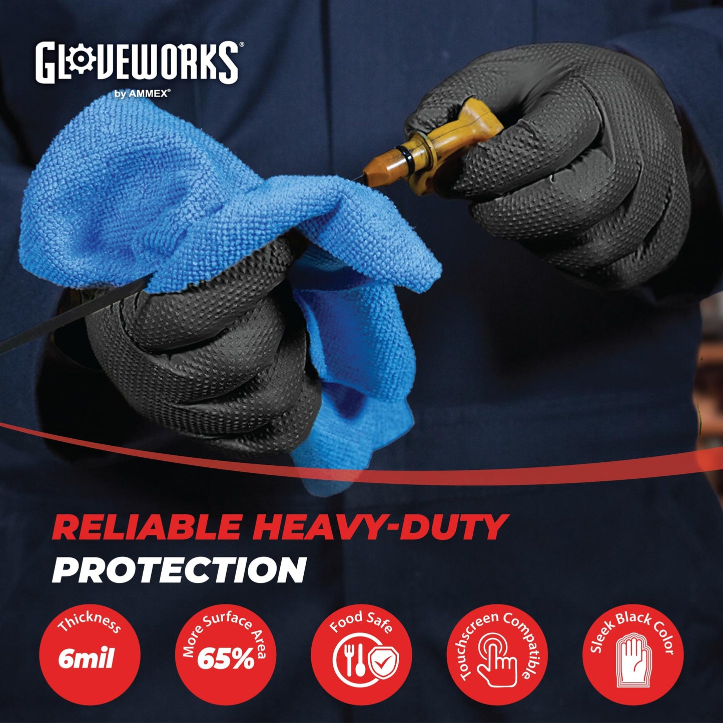 GLOVEWORKS HD Industrial Black Nitrile Gloves - 6 mil, Latex Free, Powder Free, Diamond Texture, Disposable, XLarge, GWBN48100-BX, Box of 100