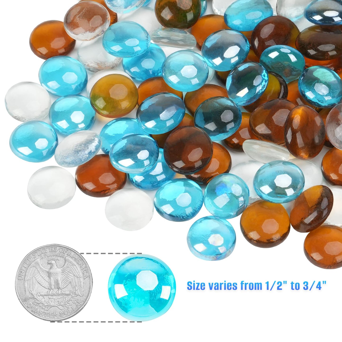 Mr. Fireglass 10 Pound Blended Fire Glass Beads, 1/2" High Luster Mixed Colored Fire Glass Drops for Fireplace Fire Pit & Lanscaping, Caribbean Blue, Crystal Ice, Caramel