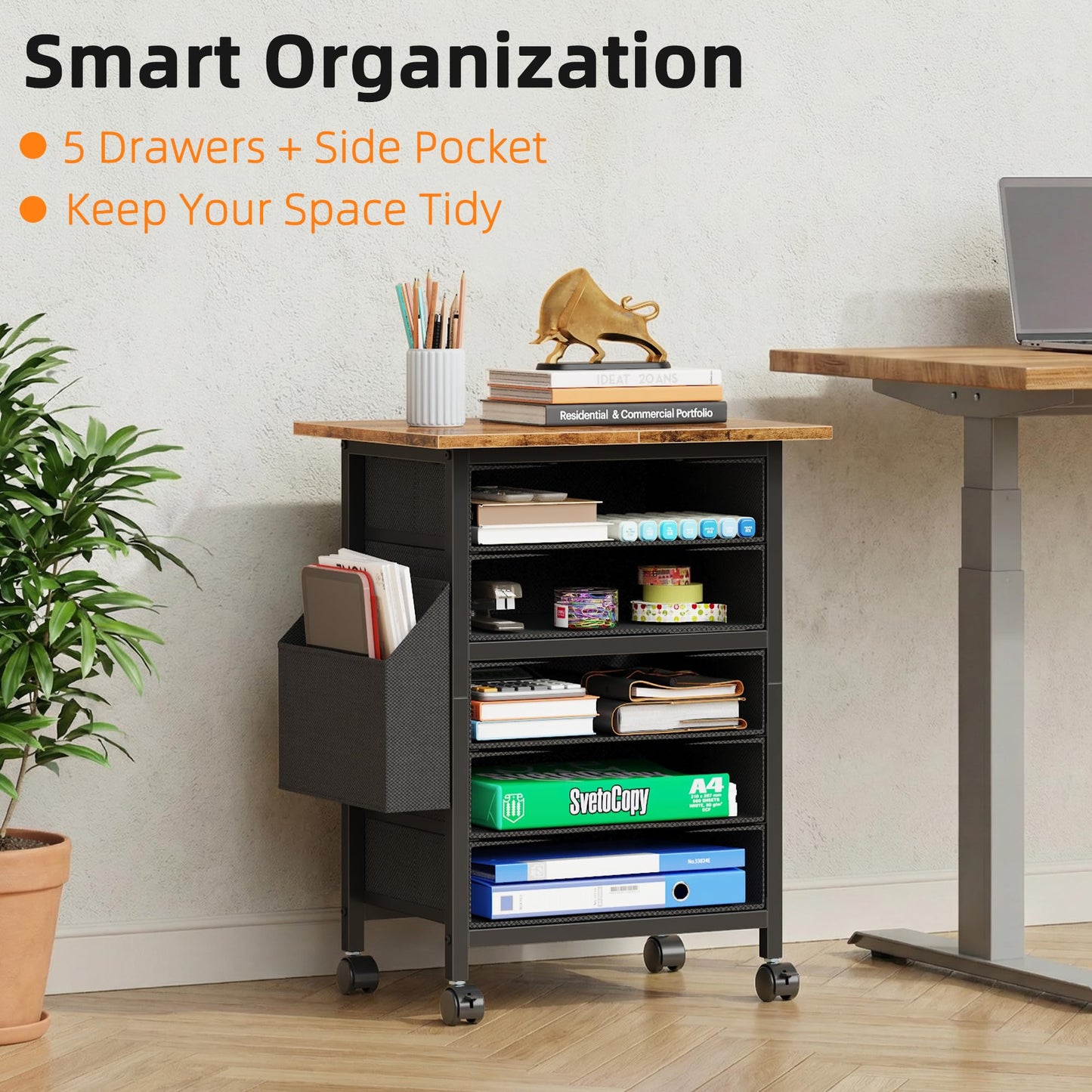 HIGDBFE 5 Fabric Drawers File Cabinet with Side Pocket, Rolling Filing Cabinet Printer Stand with Storage for Home Office, Wooden Top Storage Cabinet for Documents and Crafts, Rustic Brown, 15" D
