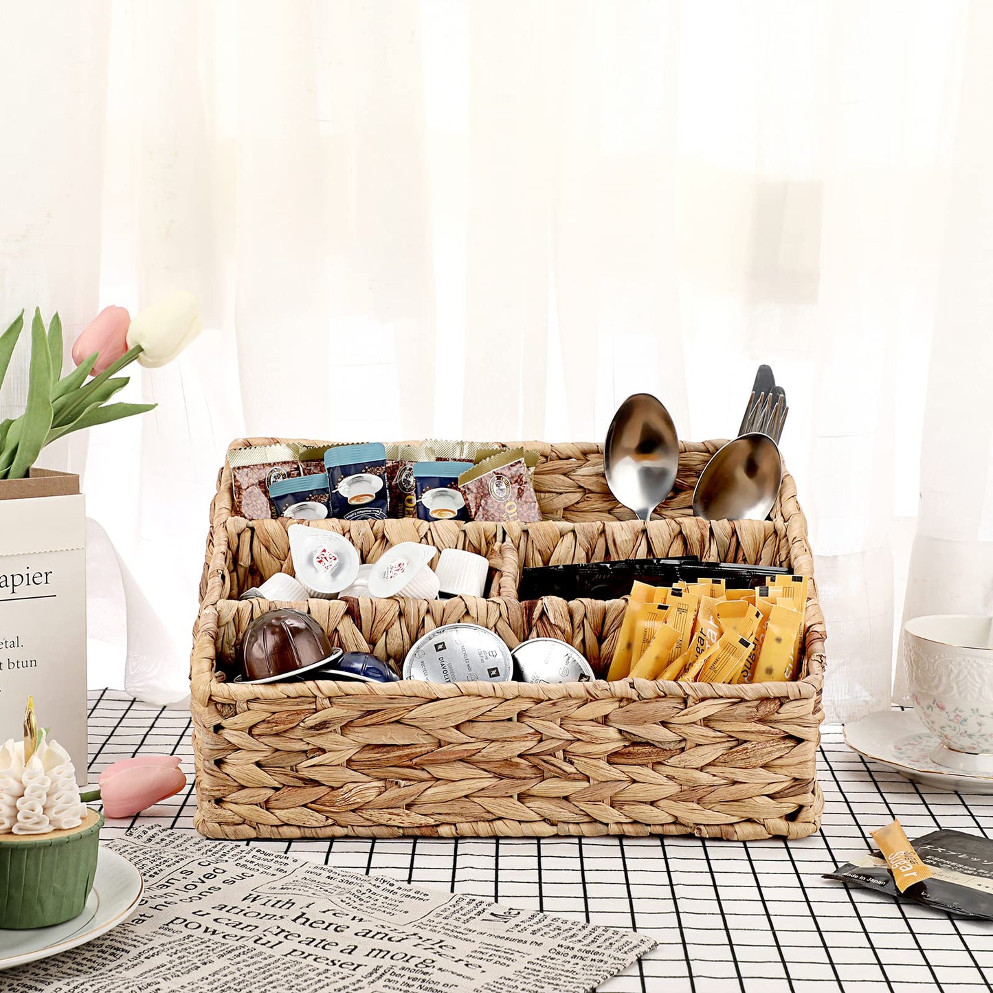 BTSKY Handwoven Water Hyacinth Desk Organizer, 4 compartments Desktop Mail Organizer, Woven Countertop Accessories Organizer for Office Supplies, Stationery Supplies, Makeup