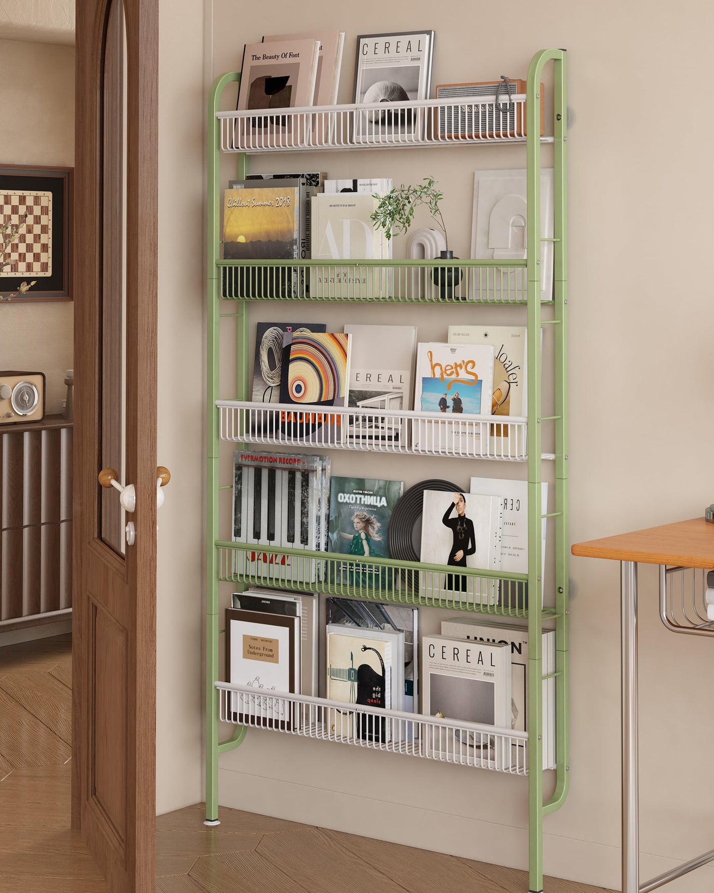 UMDONX Narrow Metal Storage Shelf Behind Door Organizer 5 Tier, Bookshelf Bookcase Book Rack Bathroom Shelving Unit Multifunctional (Green 82x9x160cm)
