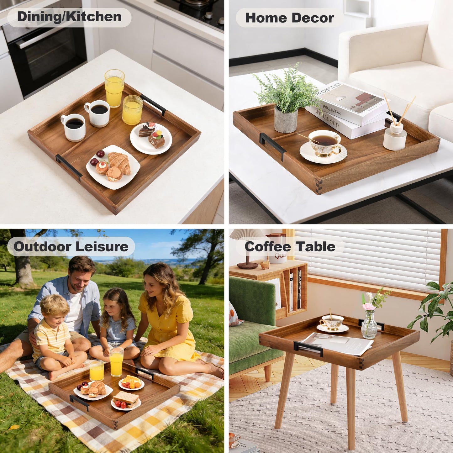 Large Square Ottoman Tray for Living Room and Coffee Table Decorative Acacia Wood Serving Tray with Handles for Breakfast in Bed, Dinner Food TV (Natural, 43.2 x 43.2 x 5 cm)
