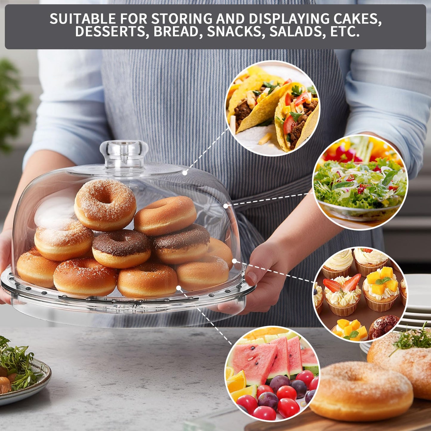 Cake Stand with Demo Cover, 6 in 1 Multi-Functional Serving Platter Display Stand for Christmas Wedding Party, Acrylic Cake Plate/Salad Bowl/Dessert Platter, BPA-Free, Send 1 Fork and 1 Spoon