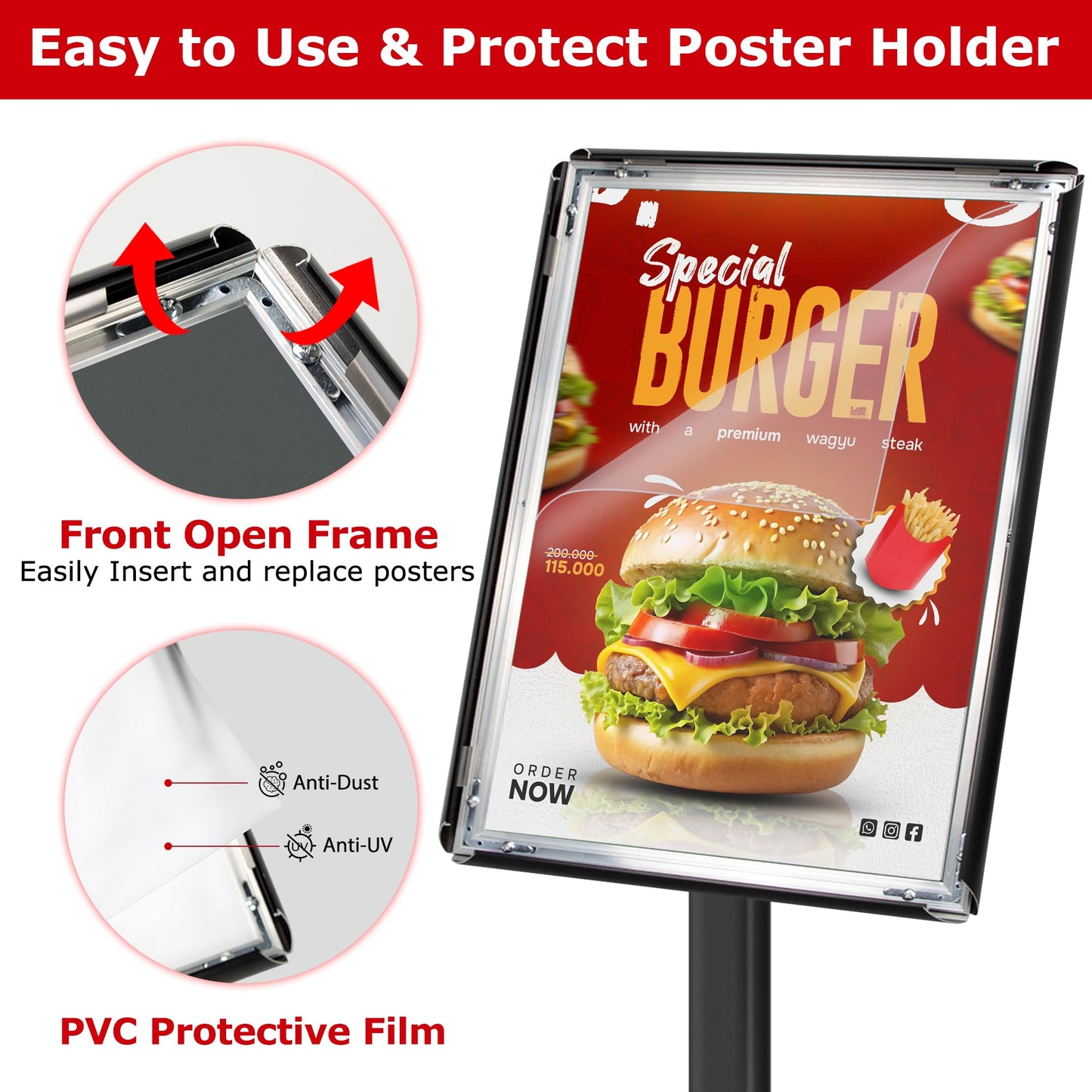 VAIIGO Pedestal Sign Stand for Display, 11 x 17 inches Adjustable Floor Standing Sign Holder with Heavy Base & Snap Frame for Indoor Outdoor Menu Flyers Signage Poster Display Stand, Black