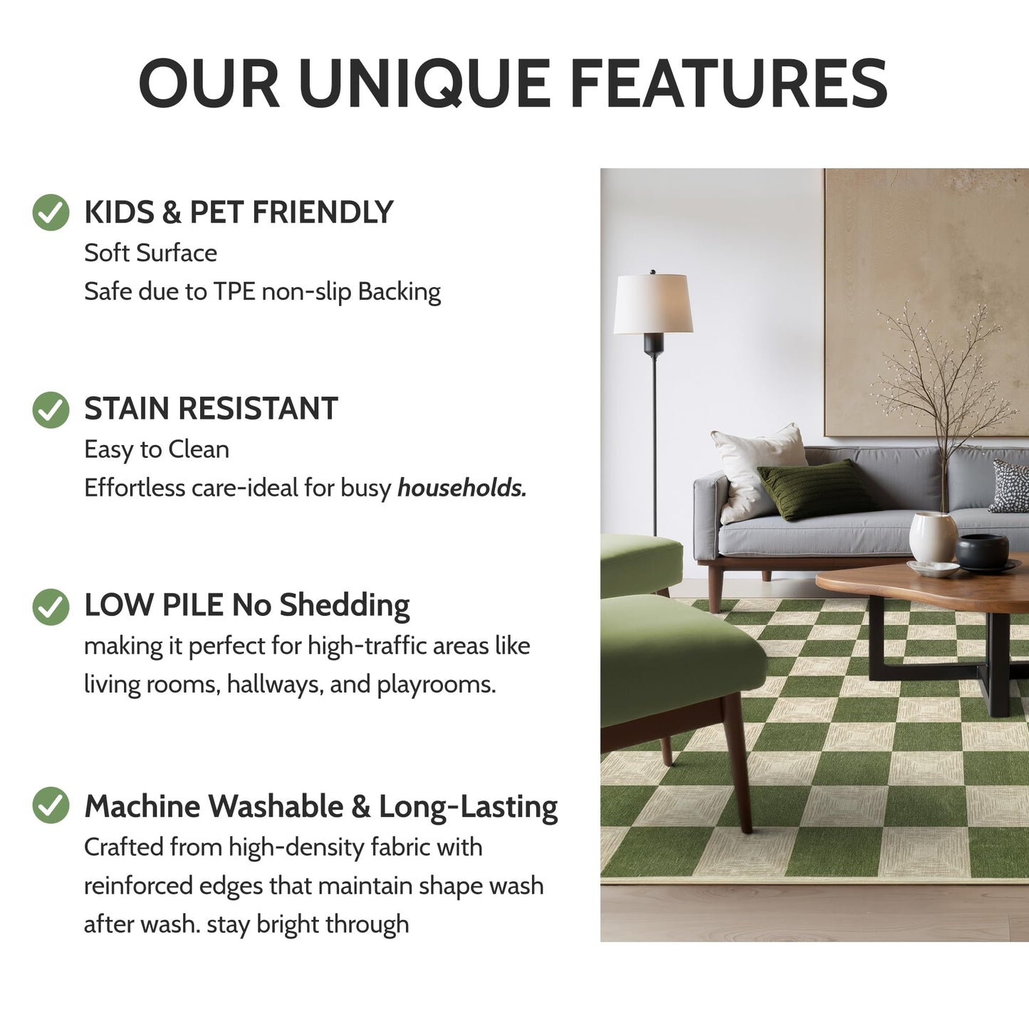 Kiginara Washable Green Checkered Rug 5x7, Non-Slip Low Pile Area Rug for Living Room, Bedroom, Nursery, Modern Neutral Farmhouse Checkerboard Carpet, Pet & Kid Friendly