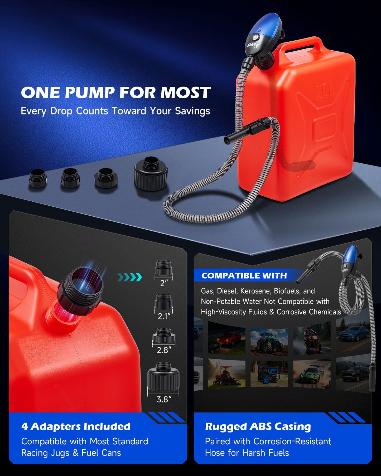 Orion Motor Tech Fuel Transfer Pump, 3.2GPM Electric Gas Can Pump, 1.3 m Hose Auto-Shutoff Nozzle, USB-C & AA Battery (NO BATTERIES INCLUDED) Powered, 4 Adapters for Gasoline, Diesel, Kerosene, Blue