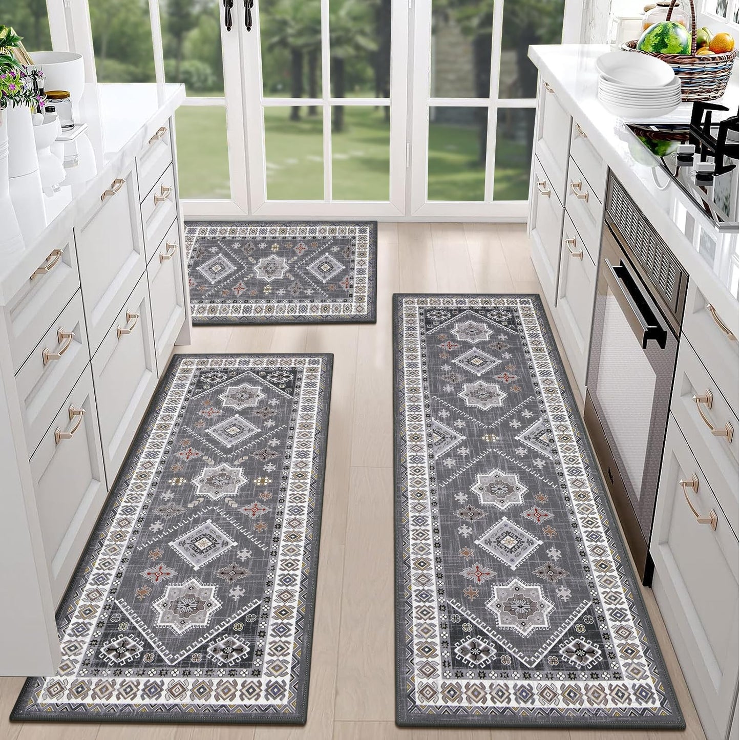 HEBE Farmhouse Kitchen Rugs Sets of 3 Non Slip Washable Boho Kitchen Rugs and Mats for Floor Kitchen Runner Rug Floor Carpet for Kitchen, Laundry, Hallways