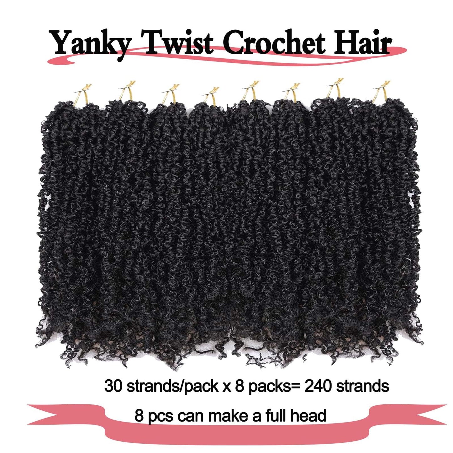 FFDDear 12 Inch Pre-Looped Yanky twist crochet hair 8 Packs Fluffy Spring Mini Twis Crochet Hair Passion Twist with curly crochet hair Natural Black Braids Hair for women extension(12 Inch, 1B)