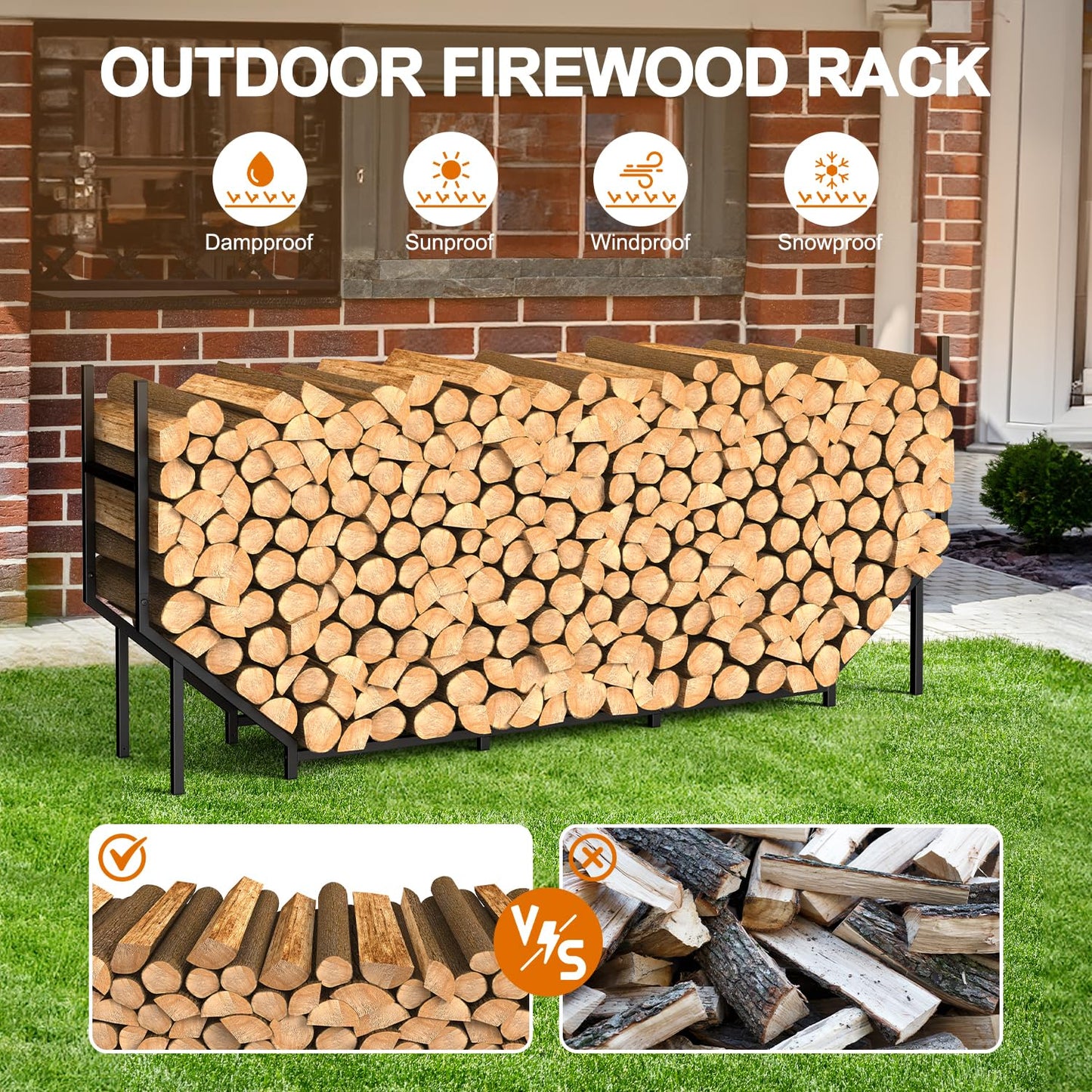 5.9ft Firewood Rack Holder, Outdoor Indoor Heavy Duty Metal Wood Stand, Adjustable Stacker Fireplace Lumber Organizer, Bottom Widening for Deck Patio Logs Storage Carrier Tool, Black