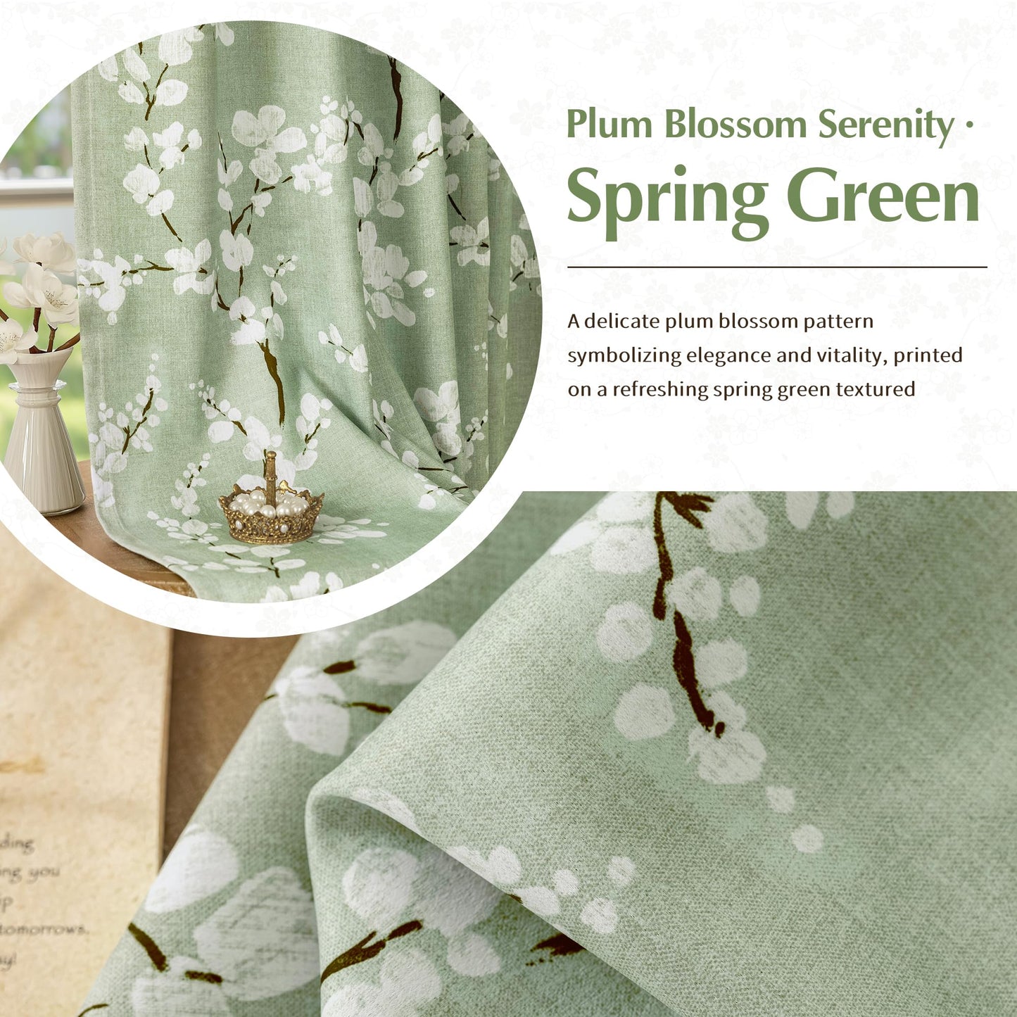 FMFUNCTEX 100% Blackout Curtains 84 Inch Long for Living Room Green and White Floral Blossom Print Curtains Farmhouse Thermal Insulated Drapes for Bedroom Grommet Window Curtains 2 Panels Sage Green
