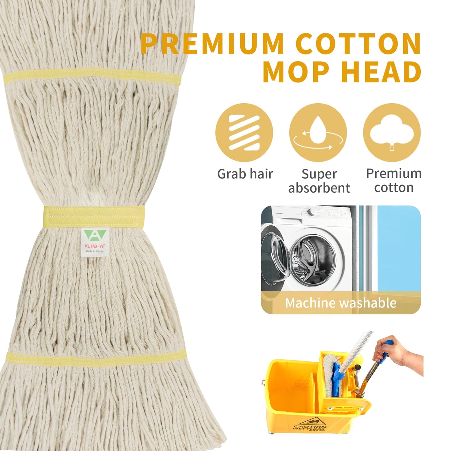 KLHB-YF 16 oz Commercial Cotton Mop Head Replacements, 6-Inch Headband, Tangle-Free, Machine Washable 300 Times, 6-Pack, Suitable for Commercial & Home Use