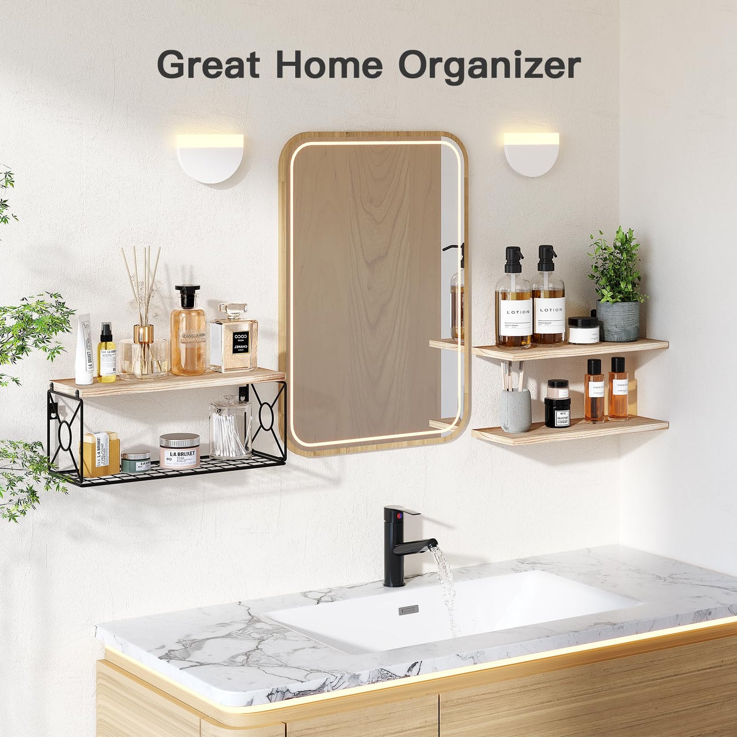 AMADA HOMEFURNISHING Bathroom Shelves with Storage Basket, Floating Shelves for Home Organization & Wall Decor, 3 Set Natural Wood Wall Shelf for Bathroom/Bedroom/Kitchen, Natural Wood