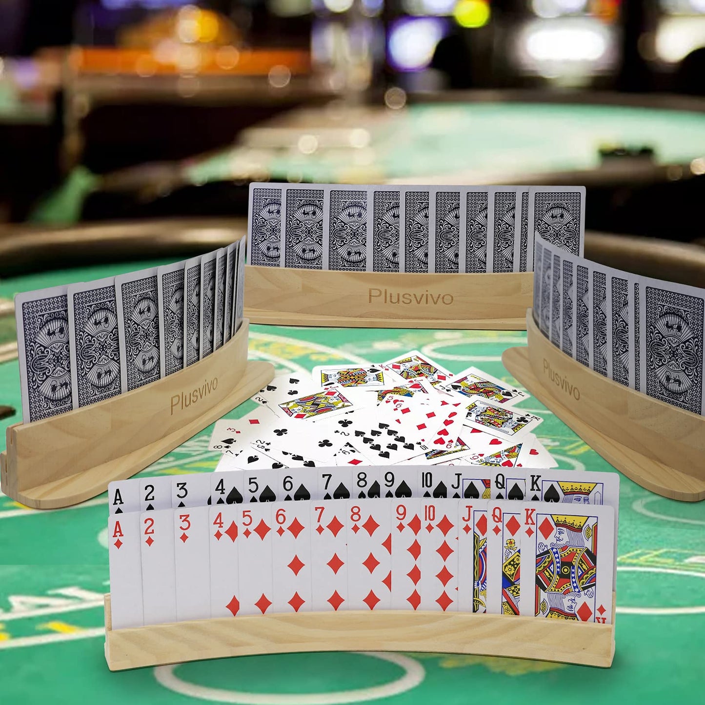 Plusvivo Set of 4 Curved Playing Cards Holders for Seniors Adults Kids 2-Layer, Solid Wooden Card Holders for Playing Cards 13 X 1.9 X 2.4 Inch for Bridge Canasta Foot and Hand