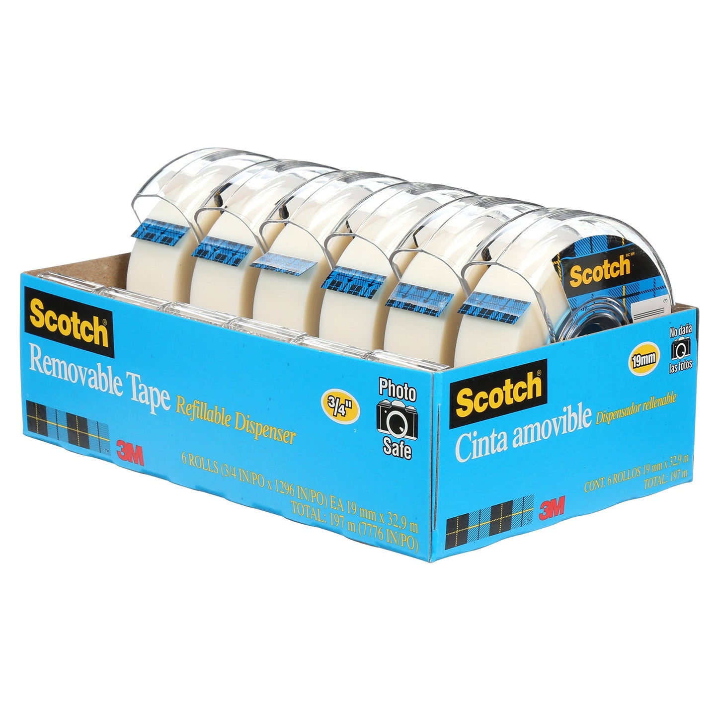 Scotch Tape Removeable Tape, 19mm Wide x 32.9m, 6 Rolls in Dispensers [OB]