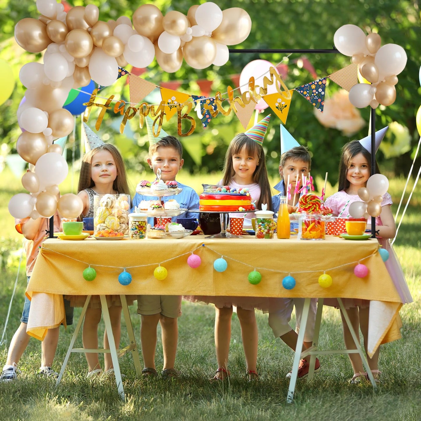 YIJXPOIN Over the Table Rod Stand with Clamps, Table Arch Stand Adjustable 47"-98" Length 30''-43'' Tall Black Metal Rod for Wedding Birthday Party Baby Shower Christmas Decorations