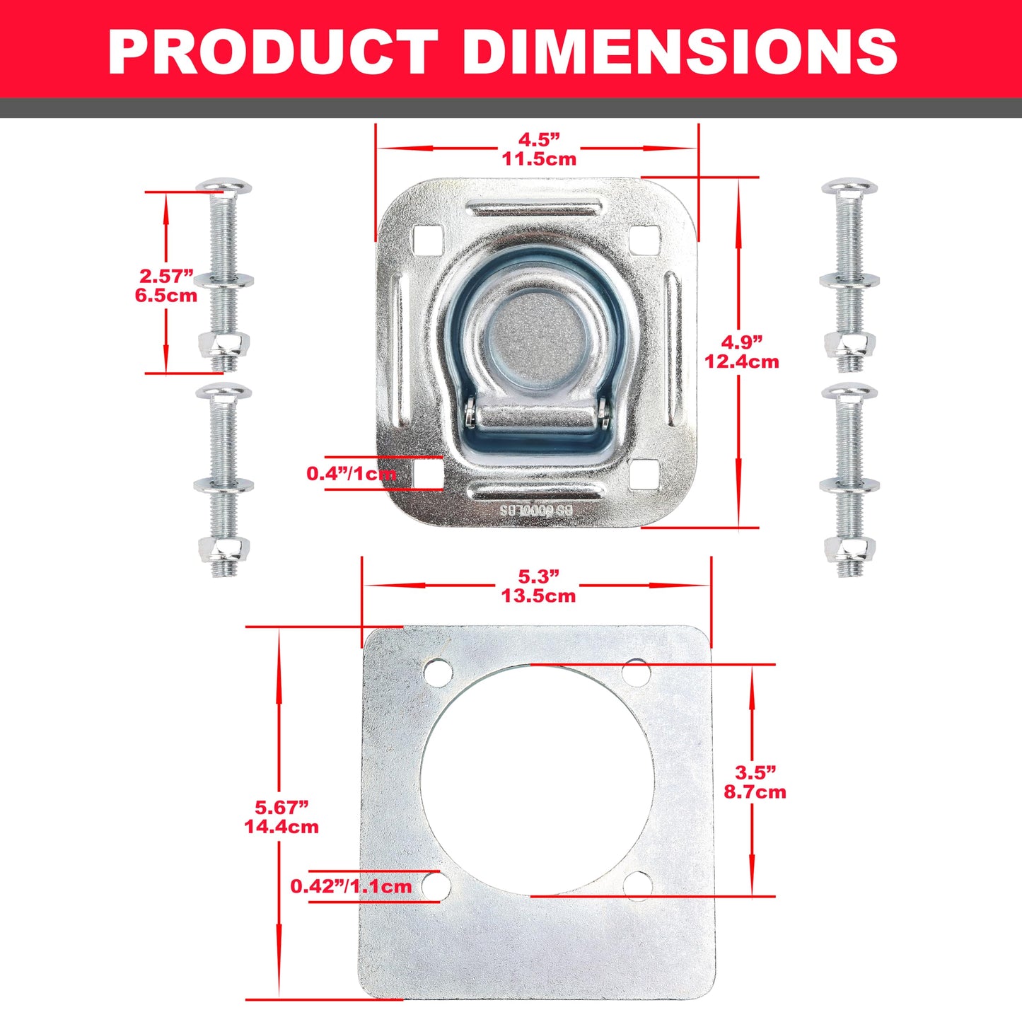 PEAKTOW Recessed D Ring Tie Down, 6000 Lbs. Capacity, for Flatbed Trailer and Truck, Great for Securing Equipment and Cargo, Including Mounting Lock Plate and Installation Hardware Pack of 4