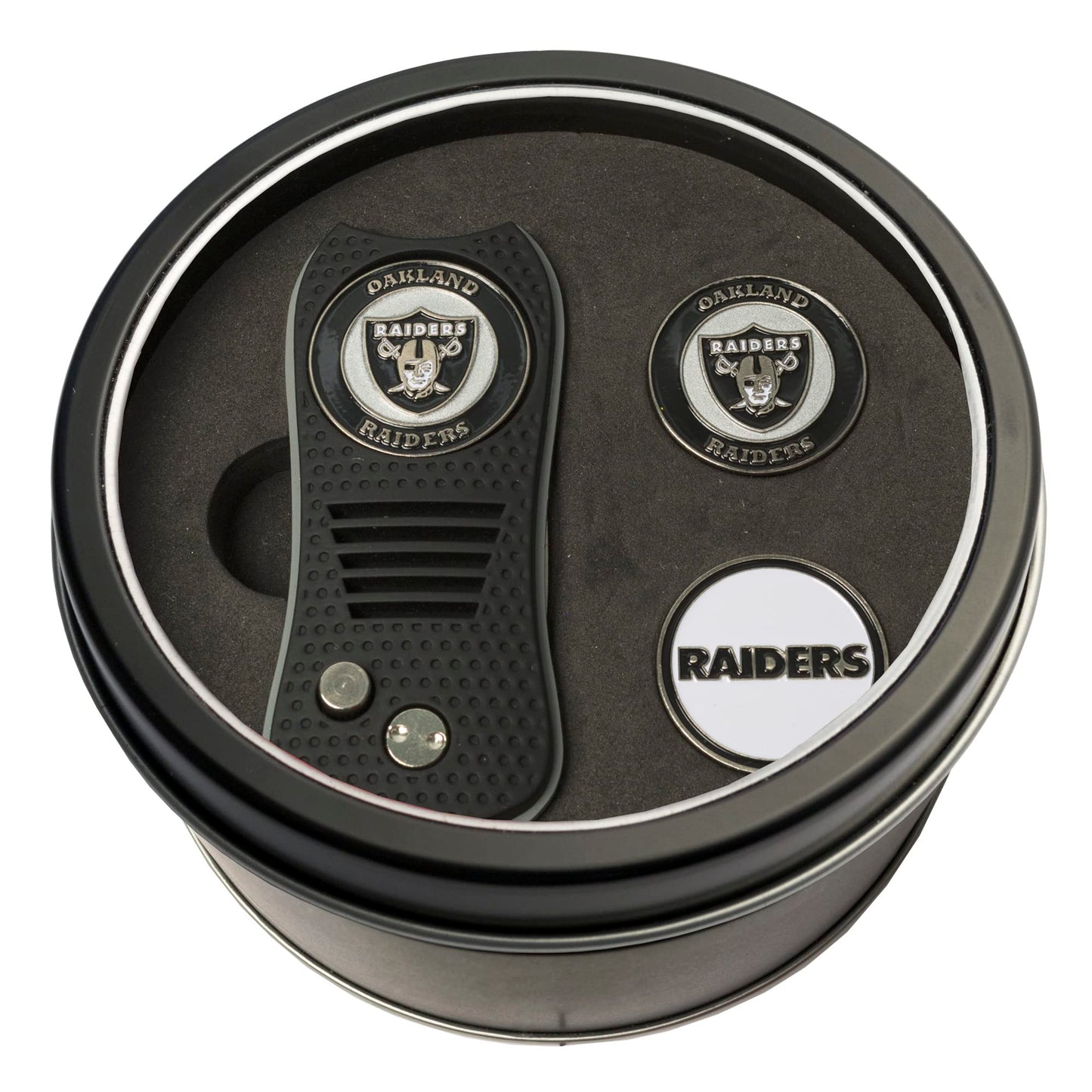 Team Golf NFL Oakland Raiders Gift Set Switchfix Divot Tool with 3 Double-Sided Magnetic Ball Markers, Patented Single Prong Design, Causes Less Damage to Greens, Switchblade Mechanism