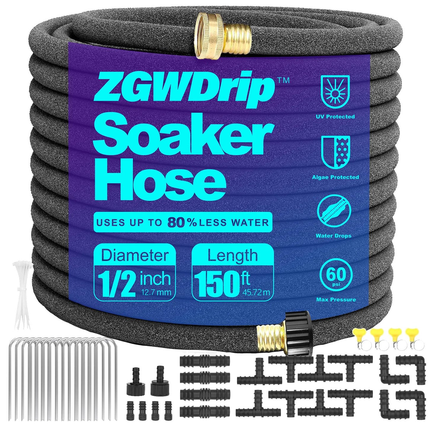 ZGWDrip Soaker Hose,1/2 Inch Soaker Garden Hose with 3/4" Solid Brass Connectors (150 FT)