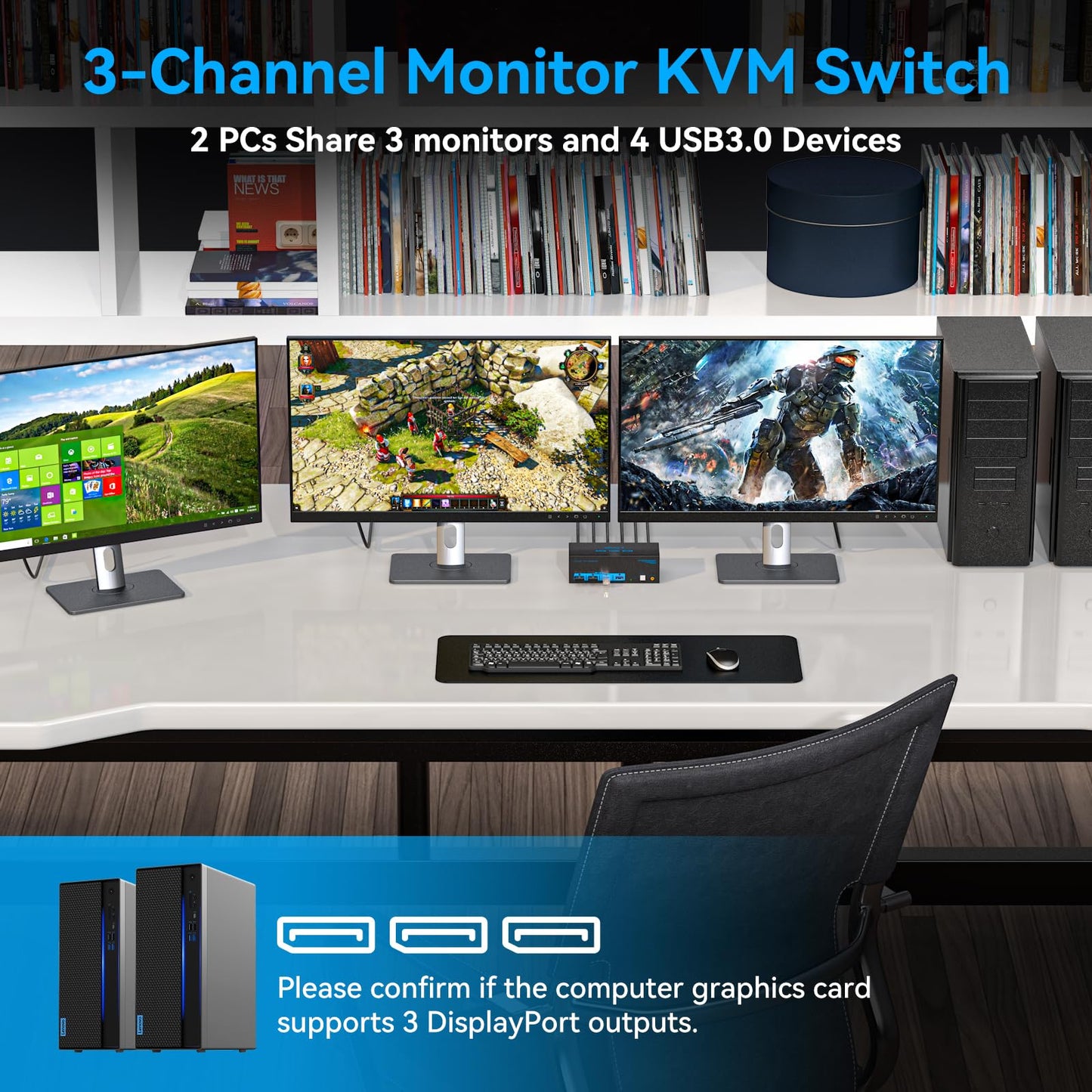 8K KVM Switch 3 Monitors 2 Computers Displayport 4K@120Hz USB 3.0 KVM Switches DP 1.4 Monitor Switch for 2 Computers with 4 USB Ports Support Extended & Copy Mode, With 12V DC Adapter and 2 USB cables
