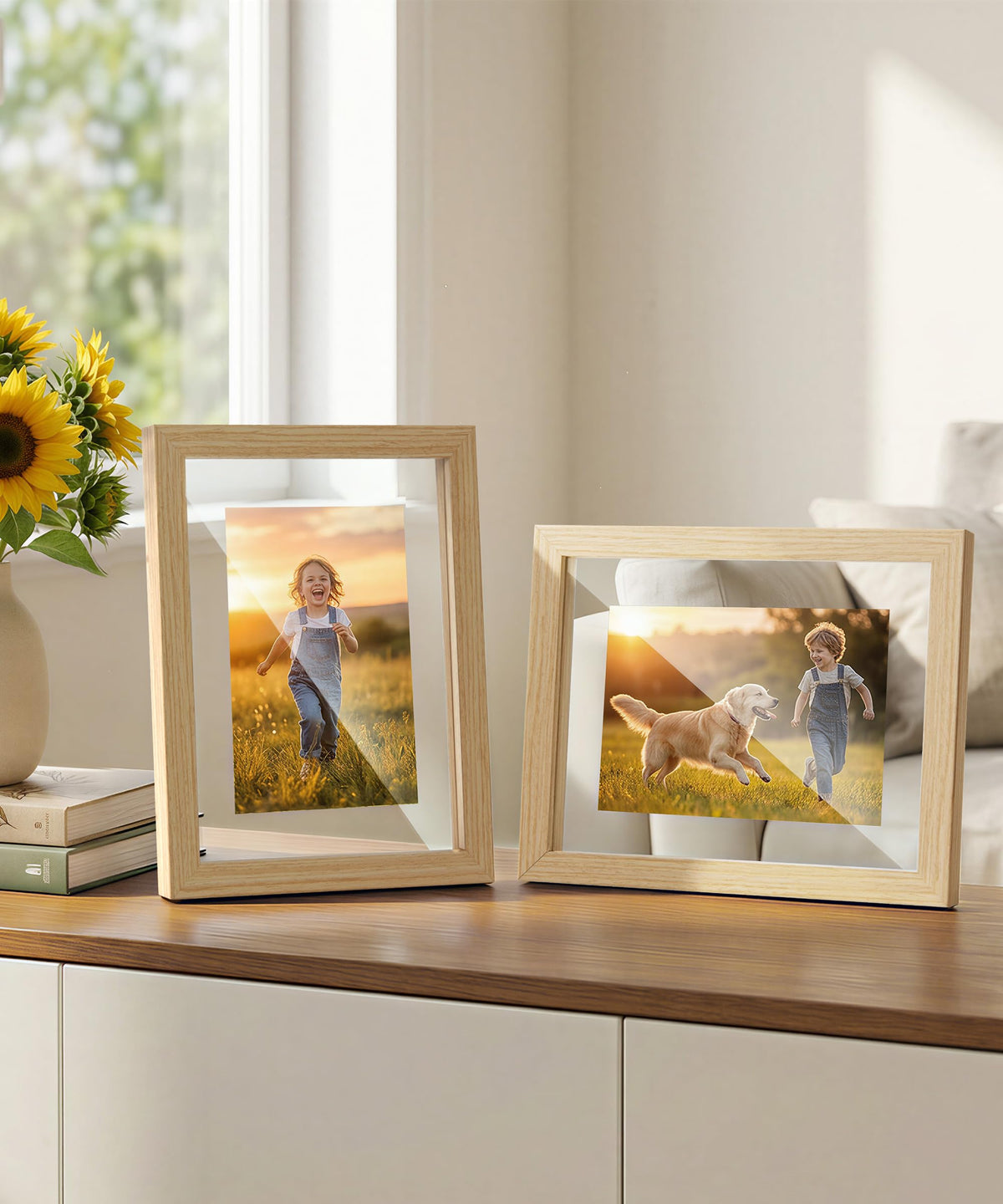 Sonefreiy Floating Picture Frames 8x10 Set of 2, Wooden Photo Frame Double Glass Pressed Flower Frames 5x7 Wall & Tabletop Display Photo or Postcard, Christmas Gifts, Gift for Wedding Family Friends