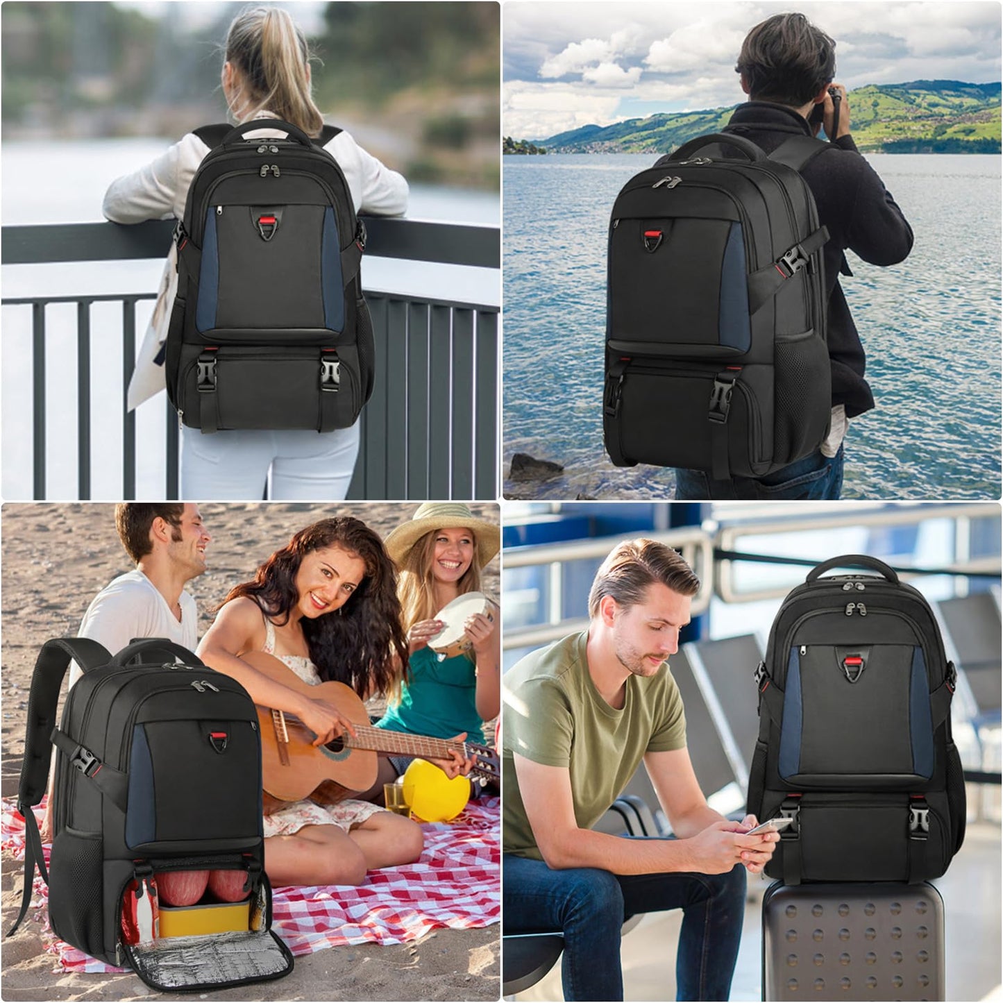 Lunch Backpack, 17.3 Inch Laptop Backpack with USB Charging Port 50L Travel Backpack for Men Women Work Backpack with Insulated Bag Waterproof Computer Backpack for College School Business, Black