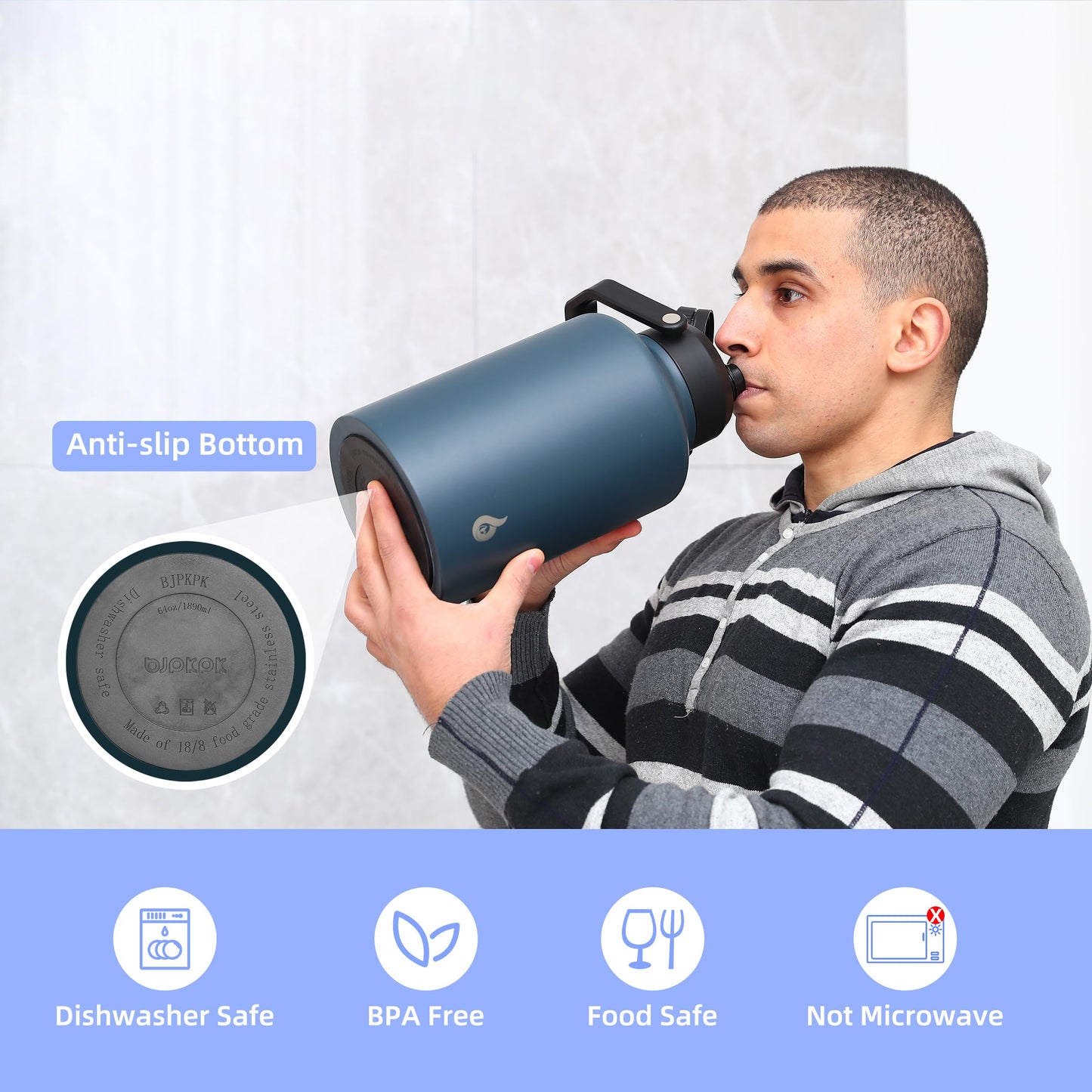BJPKPK 64 oz Insulated Water Bottle, Dishwasher Safe Half Gallon Water Bottle with Ergonomic Handle, BPA Free Leak Proof Water Jug for Sports, Metal Thermo with Anti-Slip Bottom, Black