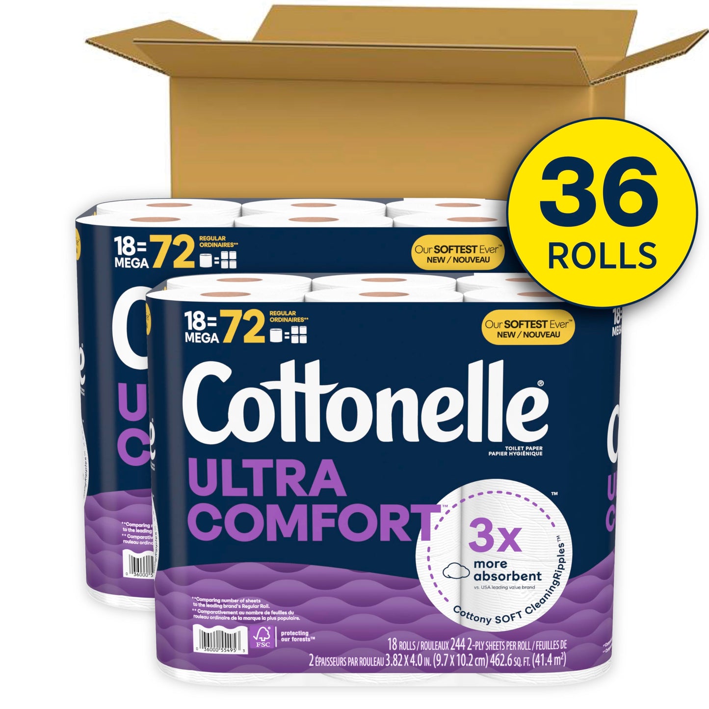 Cottonelle Toilet Paper, 36 Mega Rolls = 144 Regular Rolls (2 Packs of 18), Ultra Soft (Formerly Ultra Comfort), Soft Bathroom Tissue, 244 Sheets per Roll, Packaging May Vary
