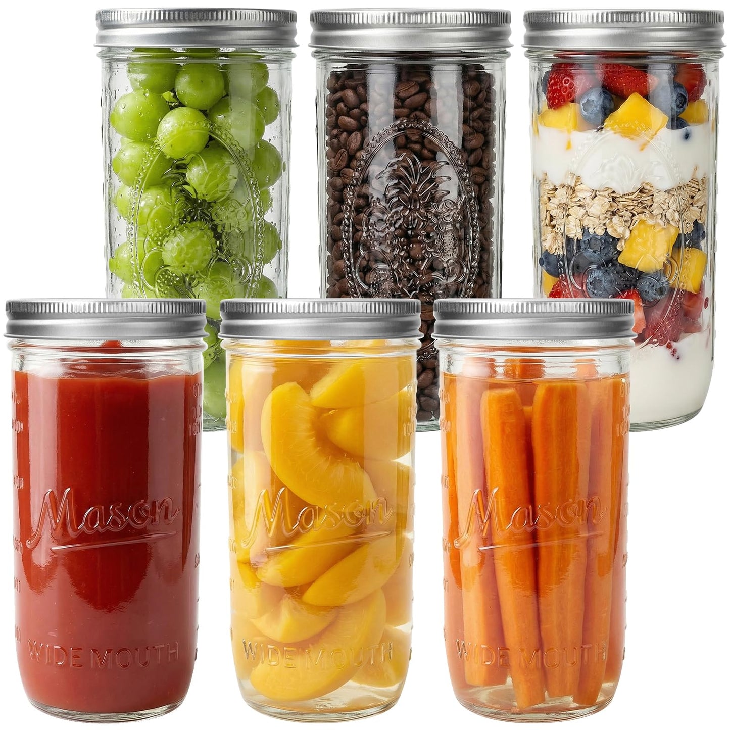 Wide Mouth 24 oz Mason Jars with Lids and Bands, 6 Pack Glass Canning Jars for Pickling,Jam Preserving,Food Storage