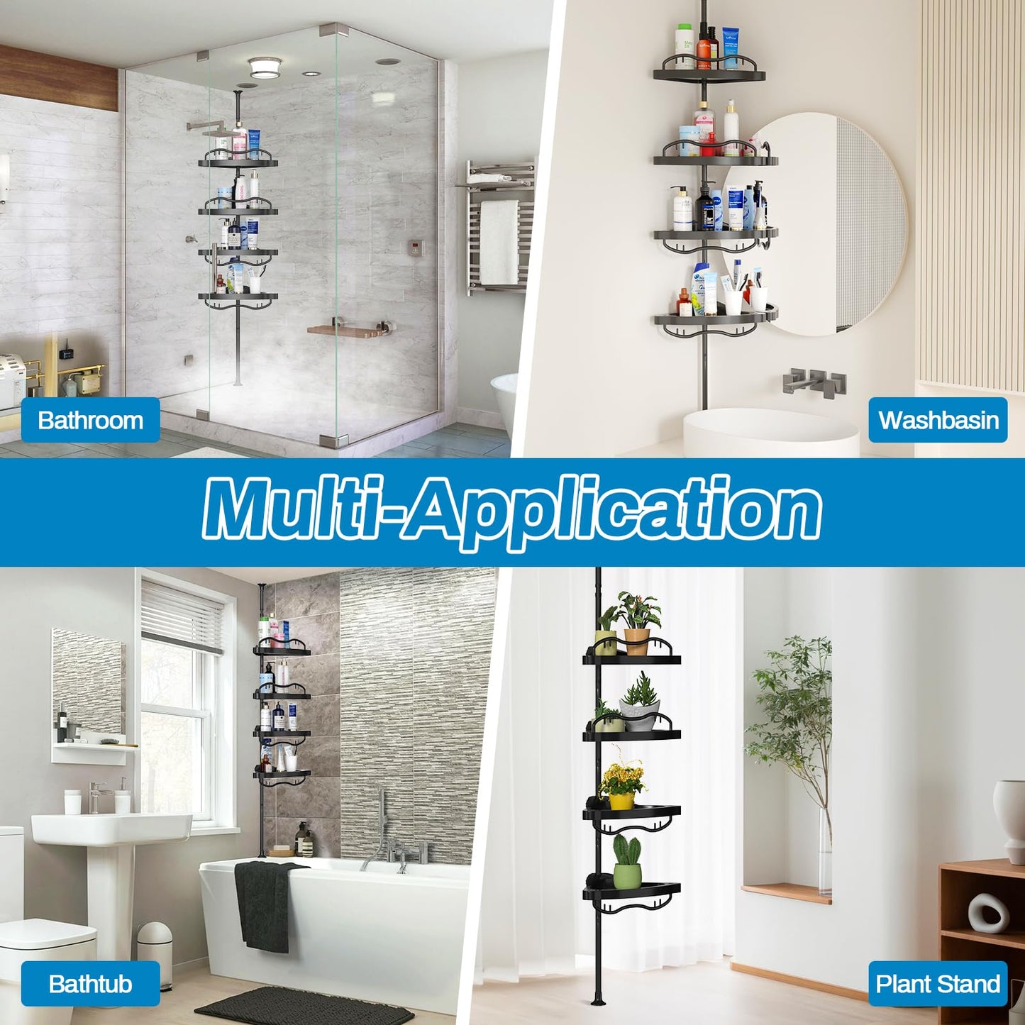 Shower Caddy Corner,142-317cm Rustproof Tension Pole Corner Shower Caddy,Black Adjustable Shower Caddy with Drill Free Shower Shelves for Bathroom,Bathtub,Washbasin