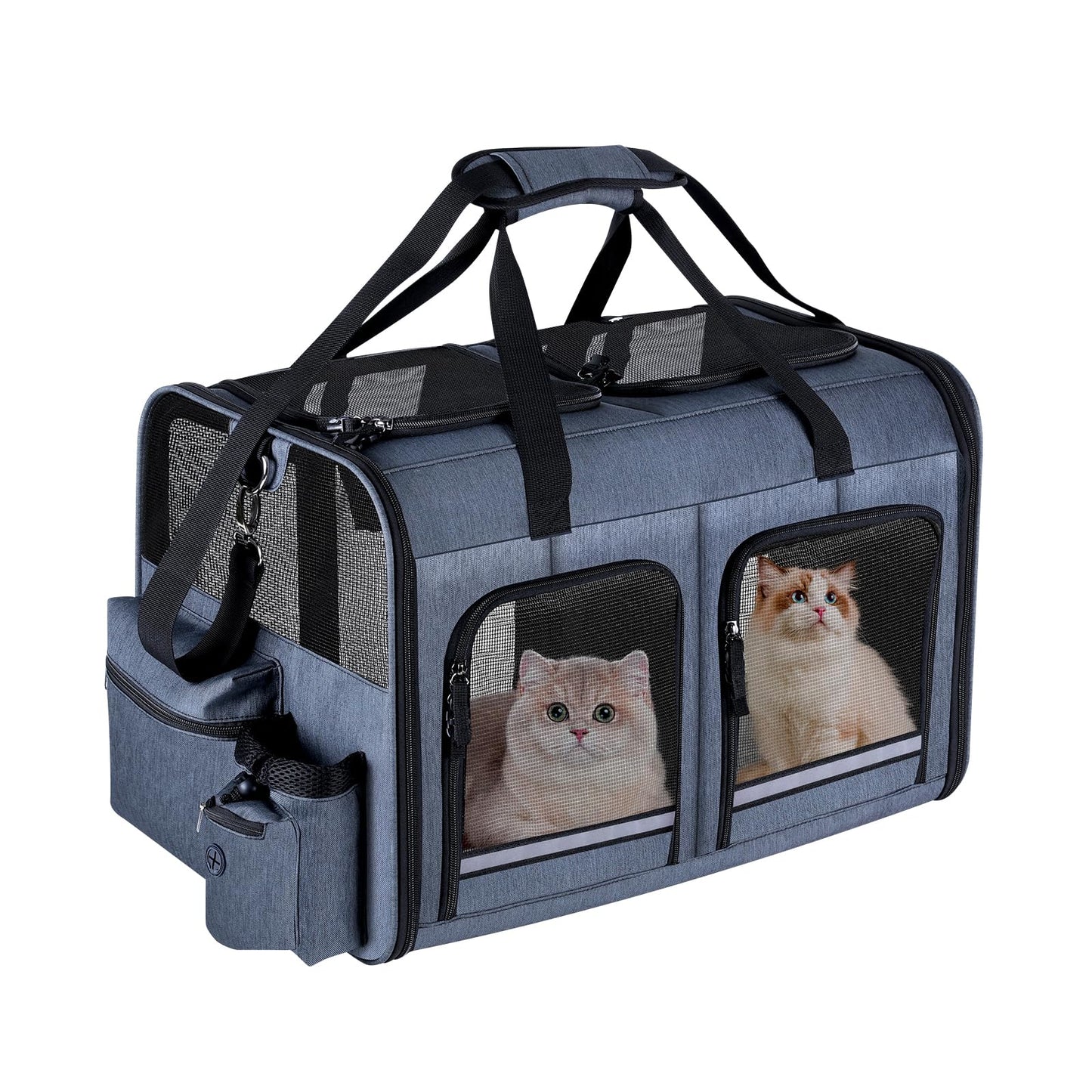 Cat Carrier for 2 Cats, Foldable Double Cat and Dog Carrier, Small to Medium Size, 2 Front Zippered Compartments,Two Pets Carrier for Outdoor Travel,Mulitple Cat Carrier, Grey