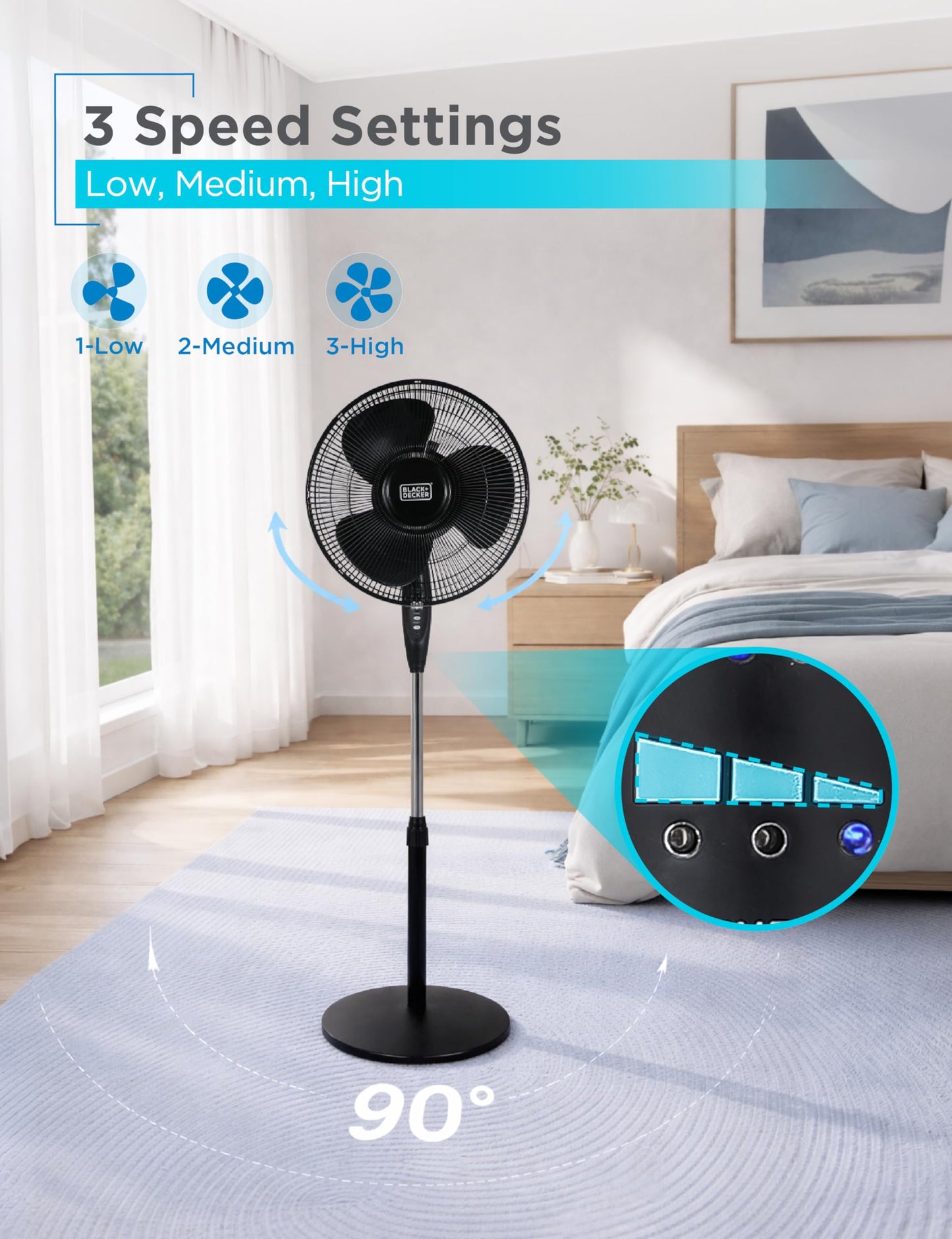 BLACK+DECKER 16-Inch Stand Fan with Pedestal Base, Height Adjustable Pedestal Fan with Remote and Touch Control Panel, Free Standing Fan with 90-Degree Oscillating and 3-Speed Settings, Black