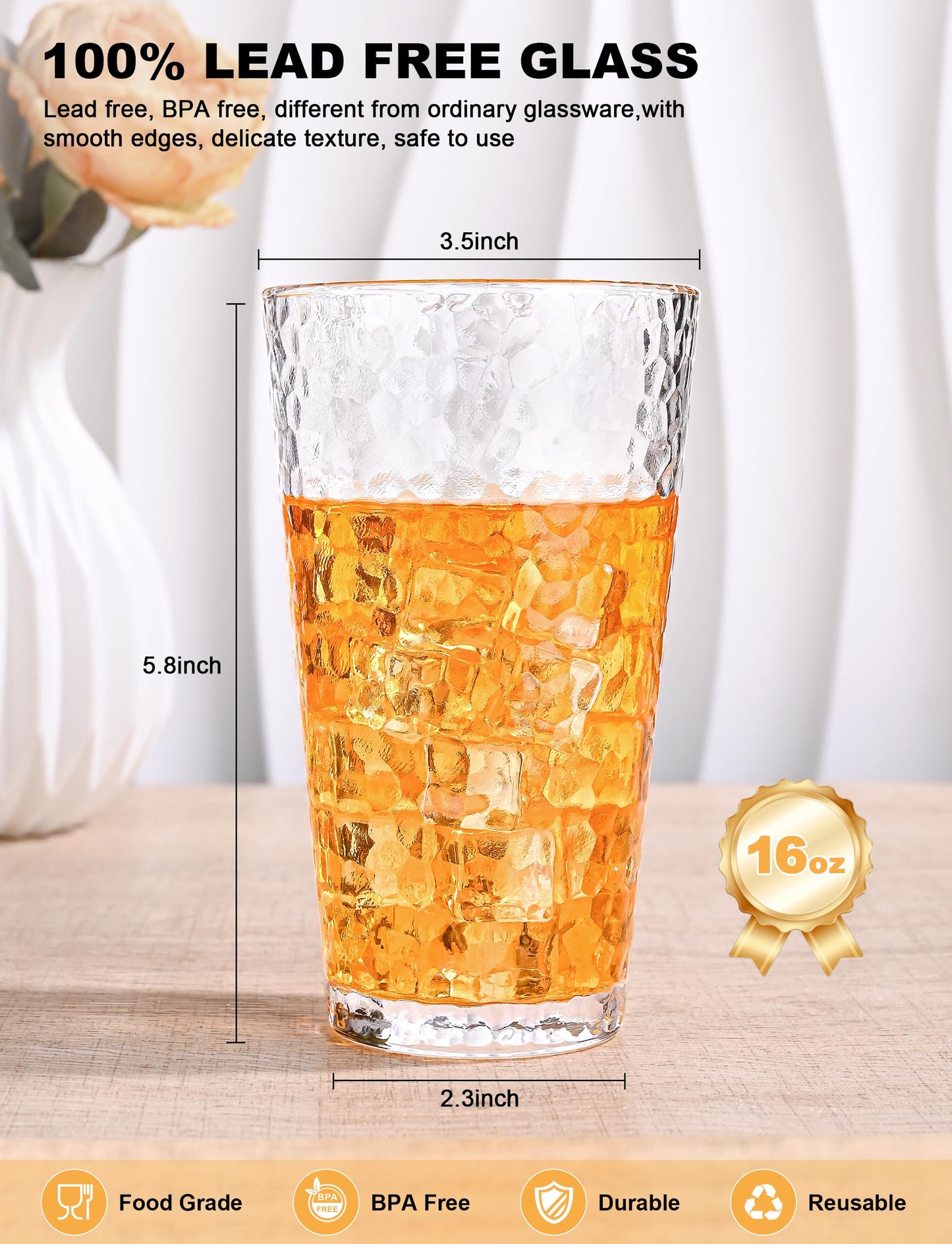 AMYOOLE Drinking Glasses Set of 8,16oz Clear Highball Water Glasses,Stackable Lead-Free Hammered Glass Cups,Kitchen Drinkware Glassware for Cocktail,Beer,Juice,Iced Tea,Margaritas and Mixed Drinks