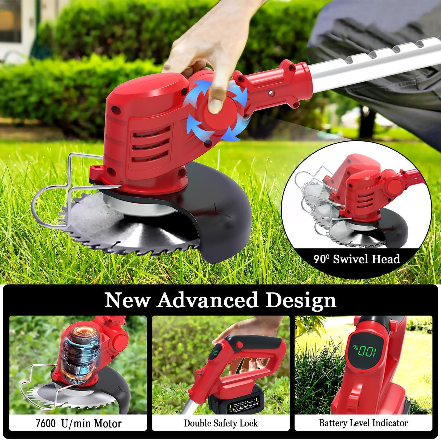 Cordless Weed Wacker- Whipper Snipper with 2 X 21V 4.0Ah Battery & Electric Grass Trimmer Edger for Lawn, Yard, 90-130cm Telescopic, 90° Adjustment Head
