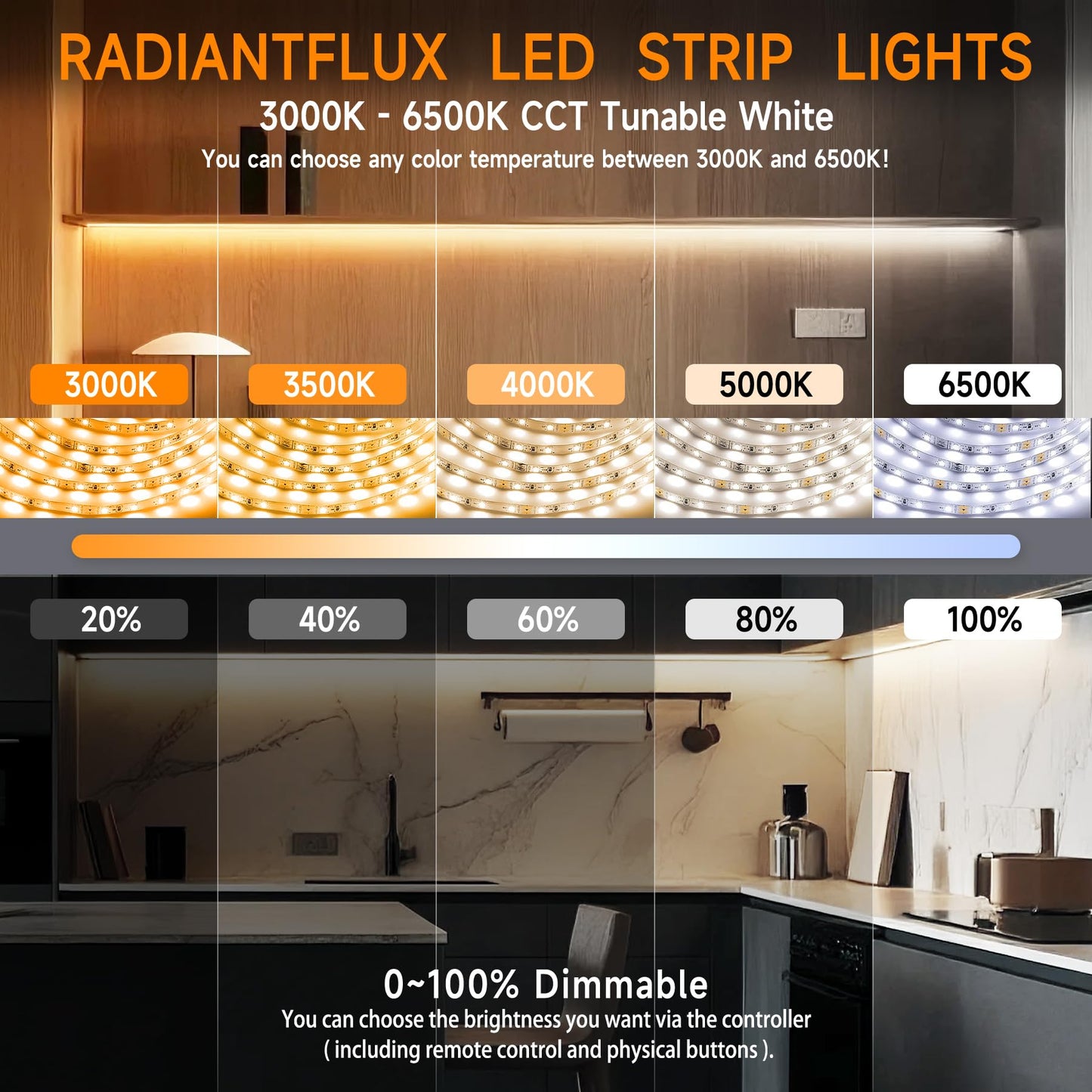 16.4ft Dimmable White LED Strip Light Kit, Dimmable 3000K-6500K, 24V Strip Lights with Remote Control, Flexible LED Strip Light, Eye Protection for Bedroom, Home Lighting, Mirror, Kitchen, Bar Cabinet