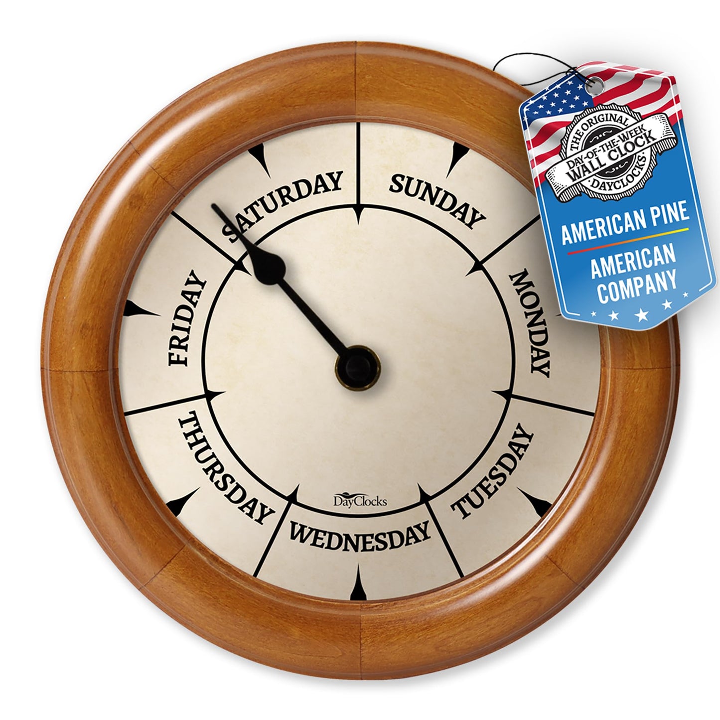 DayClocks Classic Day of The Week Wall Clock with Solid Wood Frame – Calendar Day Clock – Ideal Retirement Gift for Men & Women – Pine, 10"