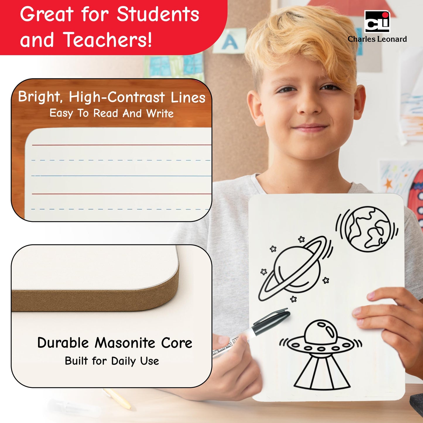 Charles Leonard, Inc. Two Sided Dry Erase Board, 9 x 12 Inches Lapboard, Masonite, Plain/Lined White, 12 Each (35120)