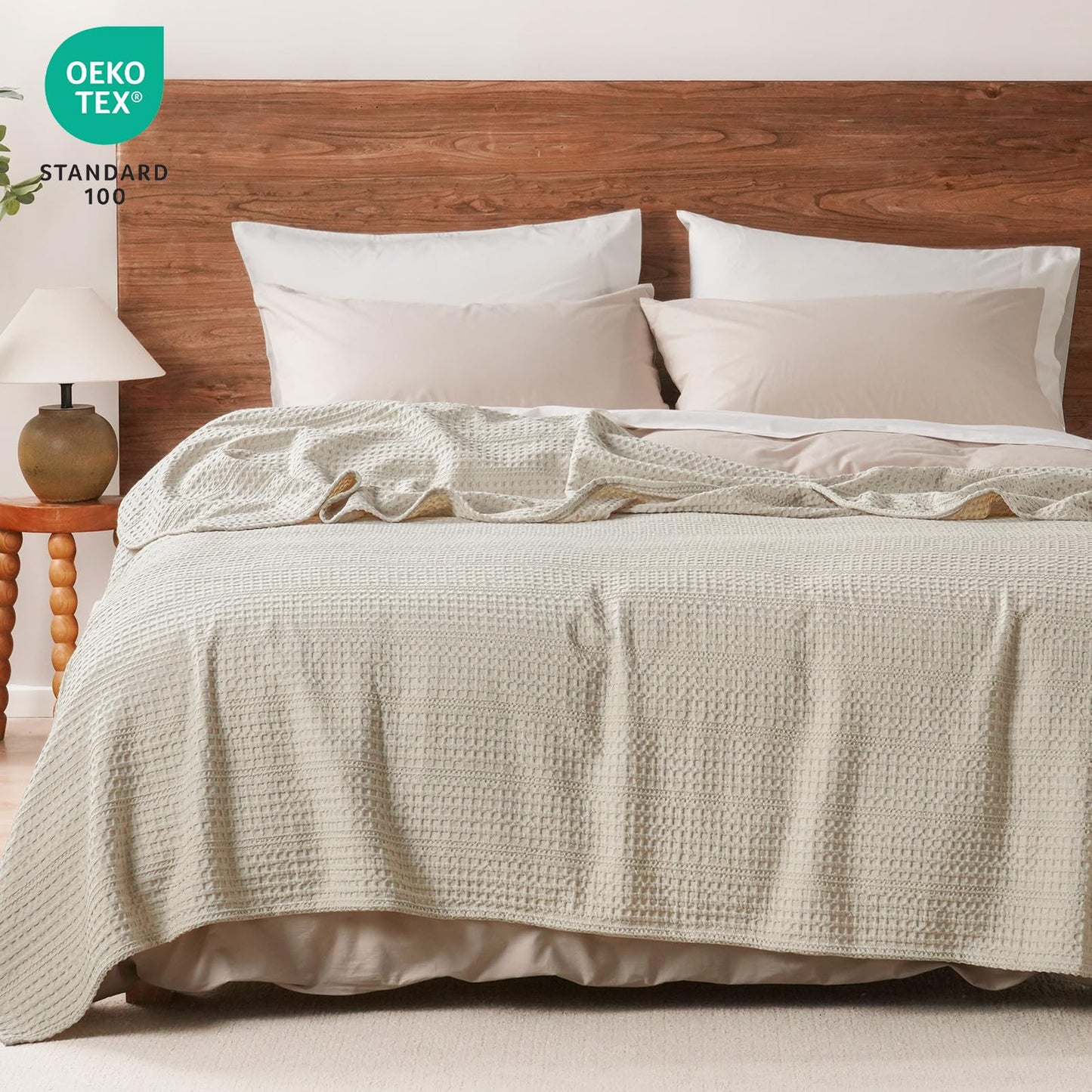 PHF Soft Waffle Weave Blanket Queen Size 90''x90'' - Lightweight and Breathable Woven Blankets for All Season - Great Decor for Couch Bed Sofa - Natural/Linen