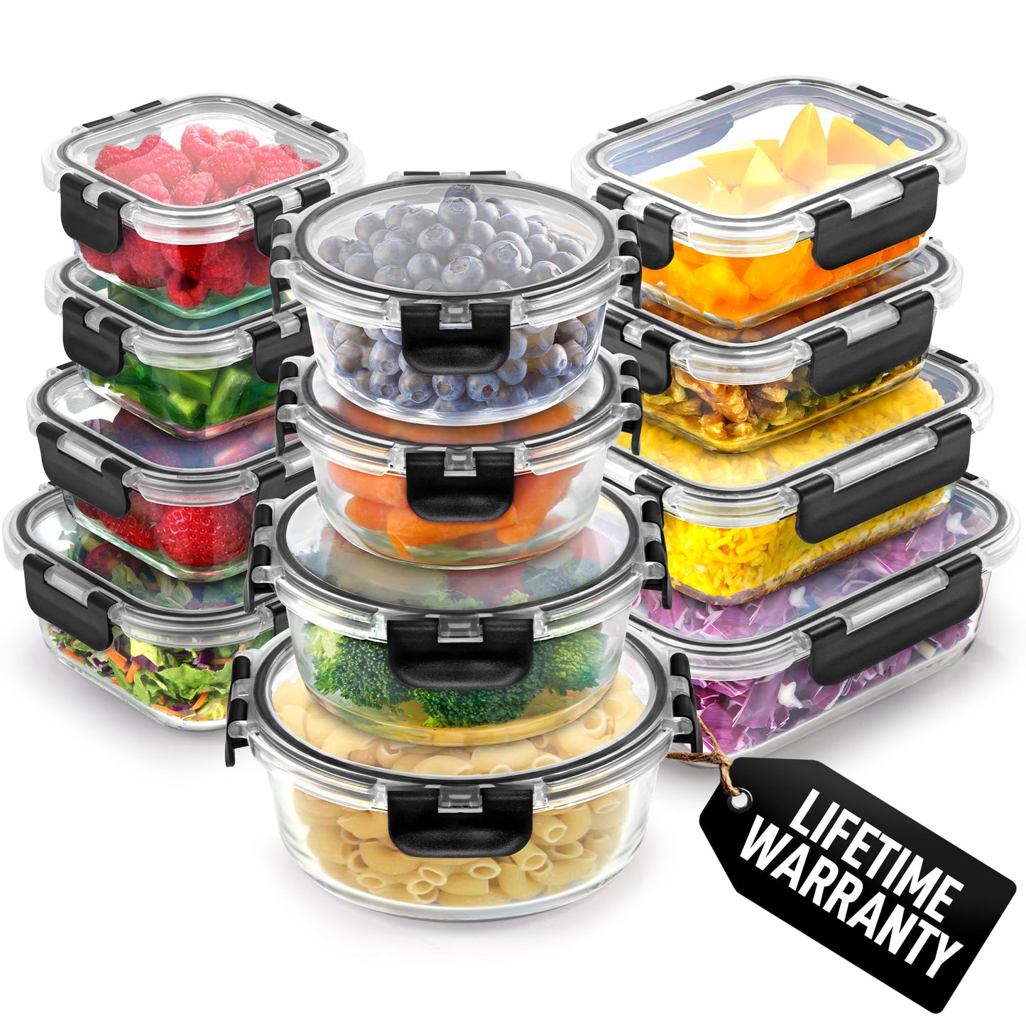Zulay Kitchen 12 Pack Glass Container Food Storage Set with Lids - Airtight, Premium Borosilicate Glass Meal Prep Containers - Lunch Tupperware Box - Microwave, Freezer & Oven Safe, BPA Free - Black