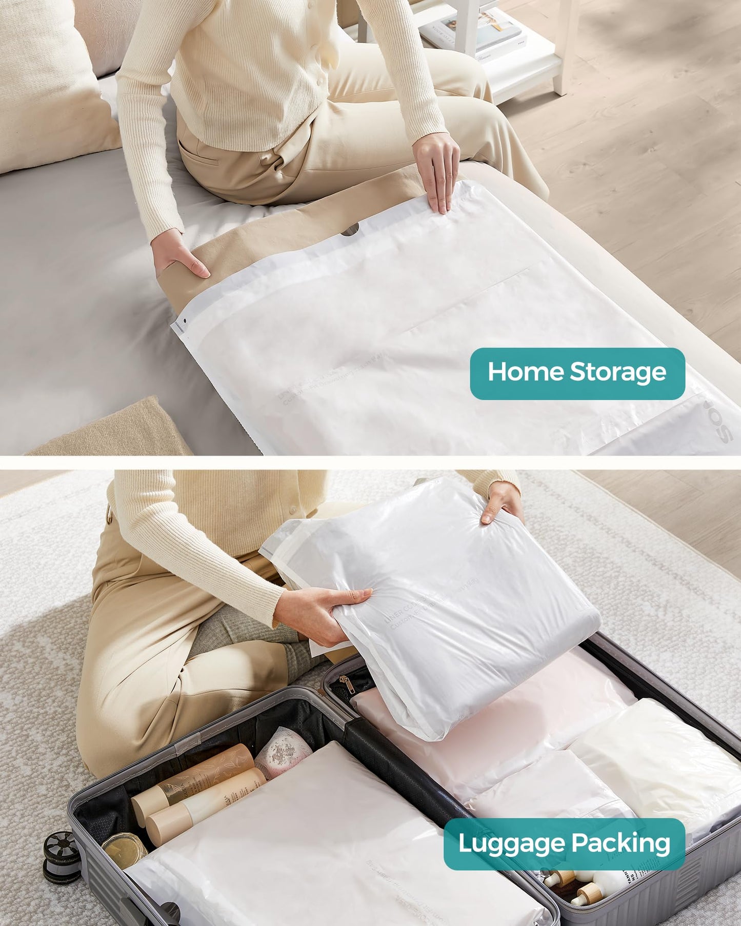 SONGMICS Trash Bags for 12-14.5 Gallon (45-55L) Trash Cans, 120 Count Drawstring Kitchen Garbage Bags, Pre-Separated, Liner Code 055A01, 3 Rolls,White UKRB055A03