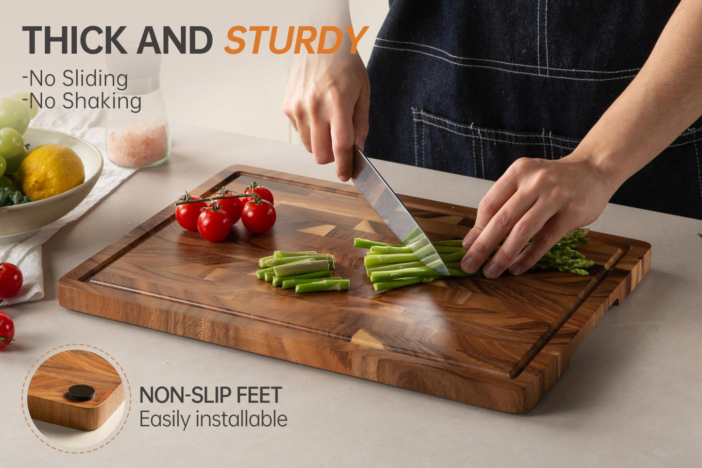 FYCTIO Walnut Wood Cutting Board End Grain Wooden Cutting Boards for Kitchen Chopping Block with Deep Juice Groove, Inners Handles, Gift Box, 16.5“x11.6”x0.8“