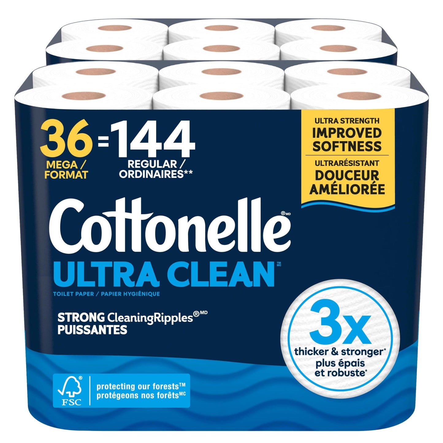 Cottonelle Toilet Paper, 36 Mega Rolls = 144 Regular Rolls (2 Packs of 18), Ultra Clean, Strong Bathroom Tissue, 284 Sheets per Roll, Packaging May Vary