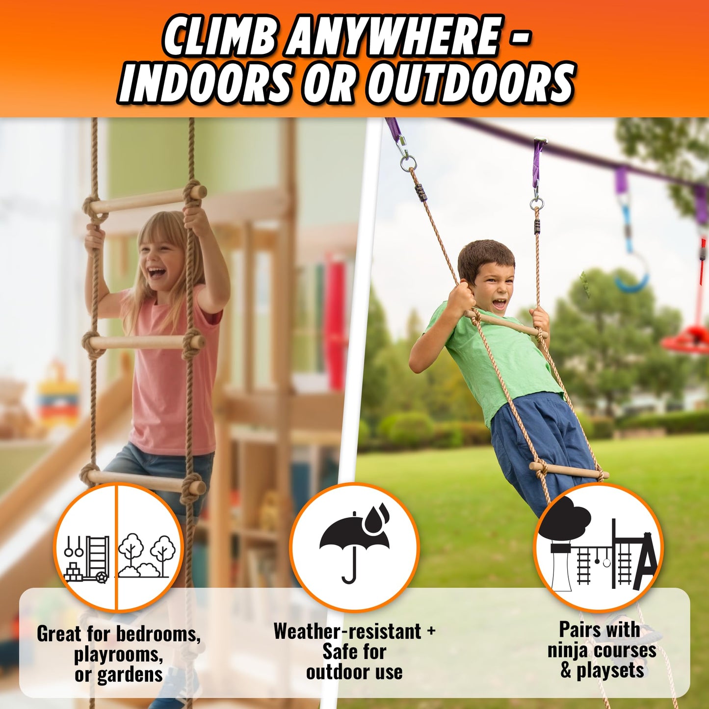 Trailblaze Premium Climbing Rope Ladder for Kids 6ft Wooden, Playset Rope Ladder Swing Set, Safe & Secure Outdoor/Indoor, Playground Rope Ladder