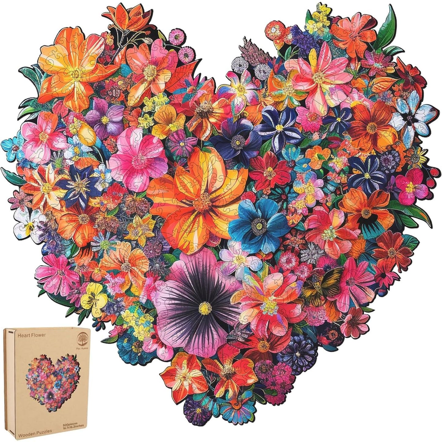 Puzzles for Adults Heart Flower Wooden Puzzles, 500 Pieces Unique Shaped Liberty Jigsaw Puzzles, Birthday Gifts for Mom Adults and Kids, Fun Challenge Family Game 16.7'' x 16.2''