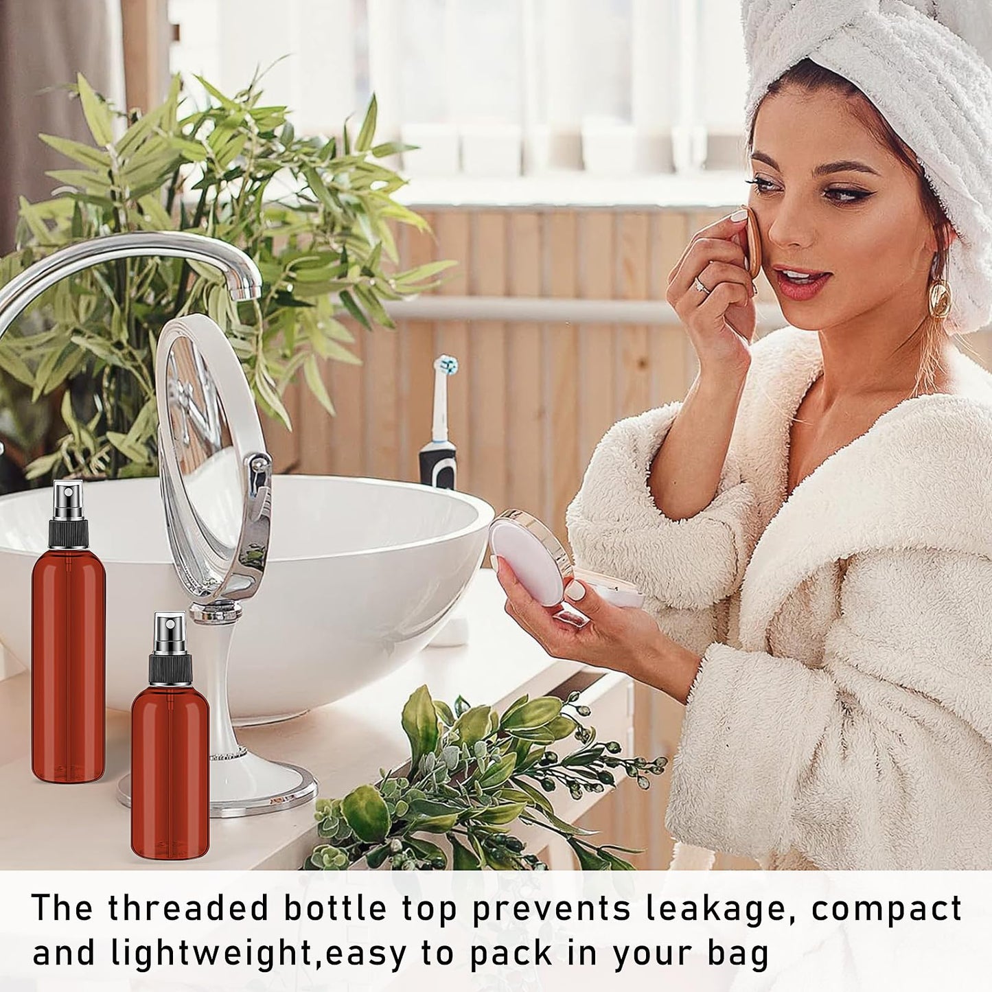 100 Pack Amber Small Spray Bottles, Plastic Fine Mist Cosmetic Spray Bottles, Refillable Liquid Containers for Essential Oils, Perfumes, Cleaning (50Pcs 2oz/ 50Pcs 4oz)