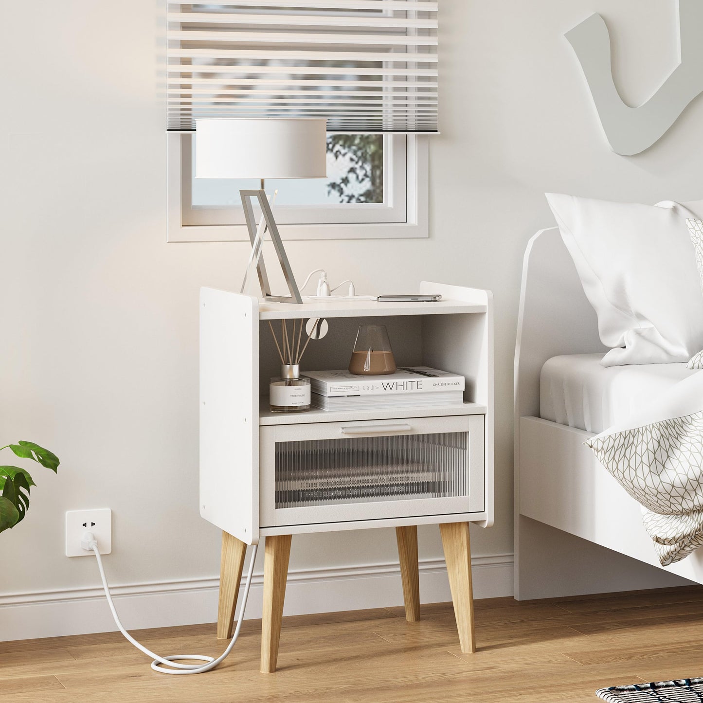 Nightstand with Charging Station, Bedside Tables with Glass Decorative Door, End Table Side Table with 2 Tiers Storage Space, for Bedroom, Living Room, White CAMLBZ07WE